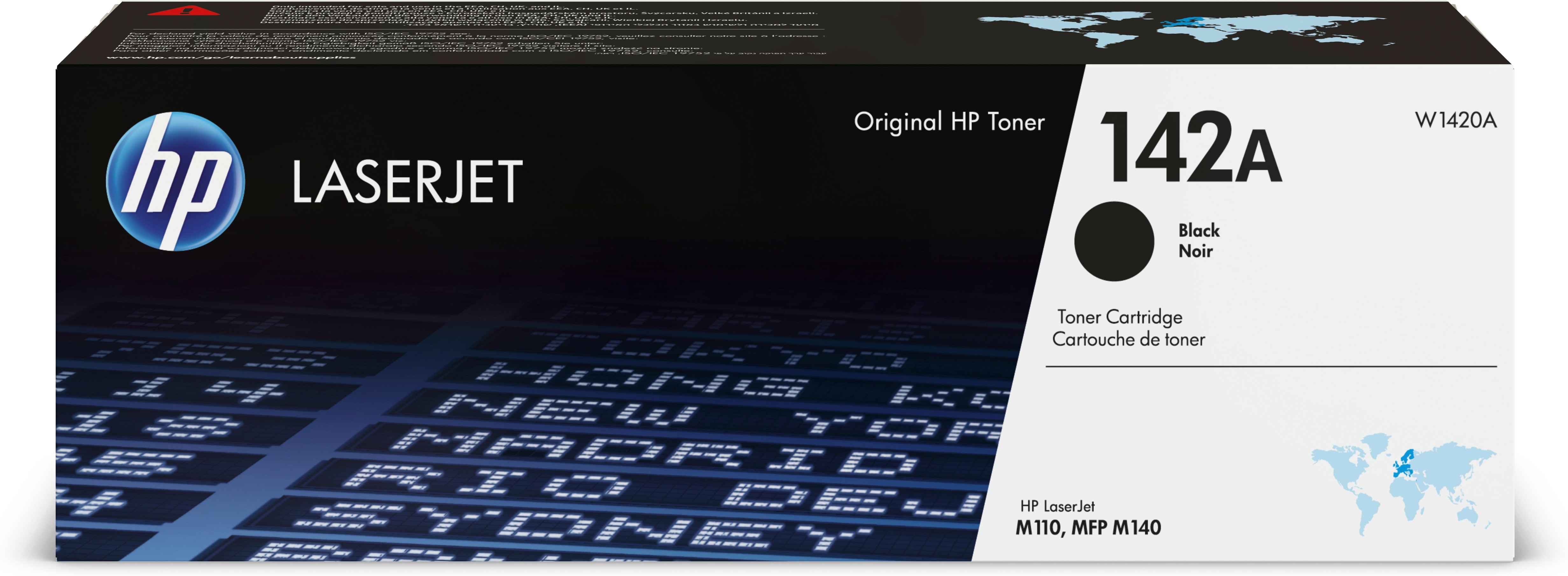 Toner HP LaserJet 142A czarny. Mapa świata w tle.