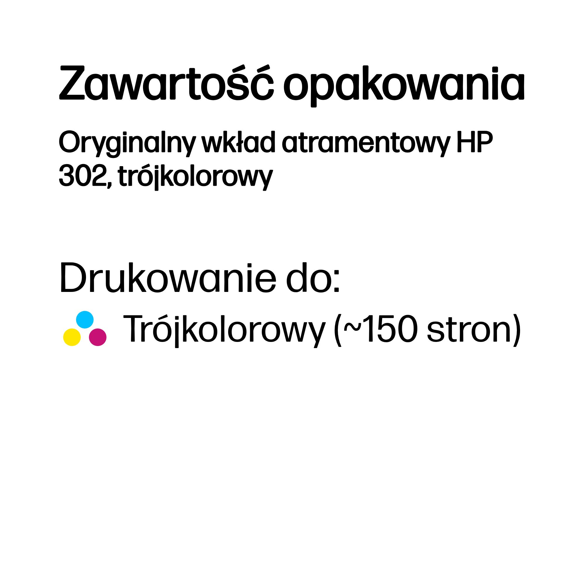 Zawartość opakowania: Oryginalny wkład HP 302, trójkolorowy, ok. 150 stron.