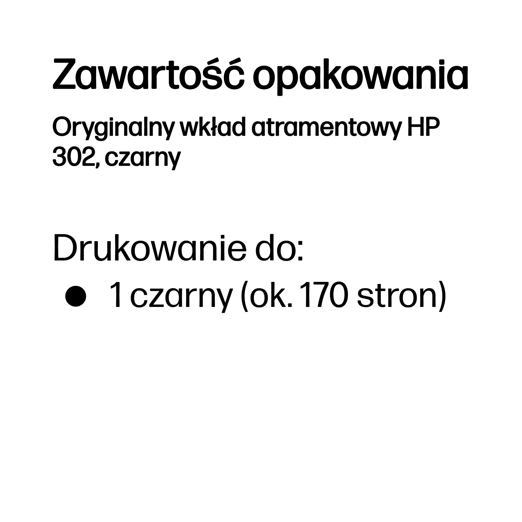 Zawartość opakowania: Czarny wkład HP 302, 170 stron.