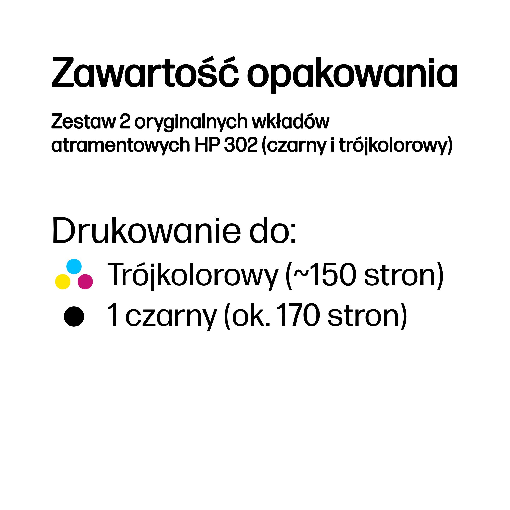 Zawartość opakowania: 2 wkłady HP 302 (czarny, trójkolorowy) na ok. 150/170 stron.
