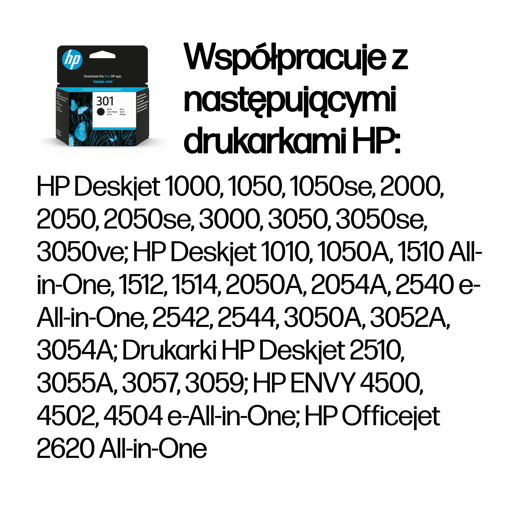 Tusz HP 301 z motywem motyli i listą kompatybilnych drukarek.