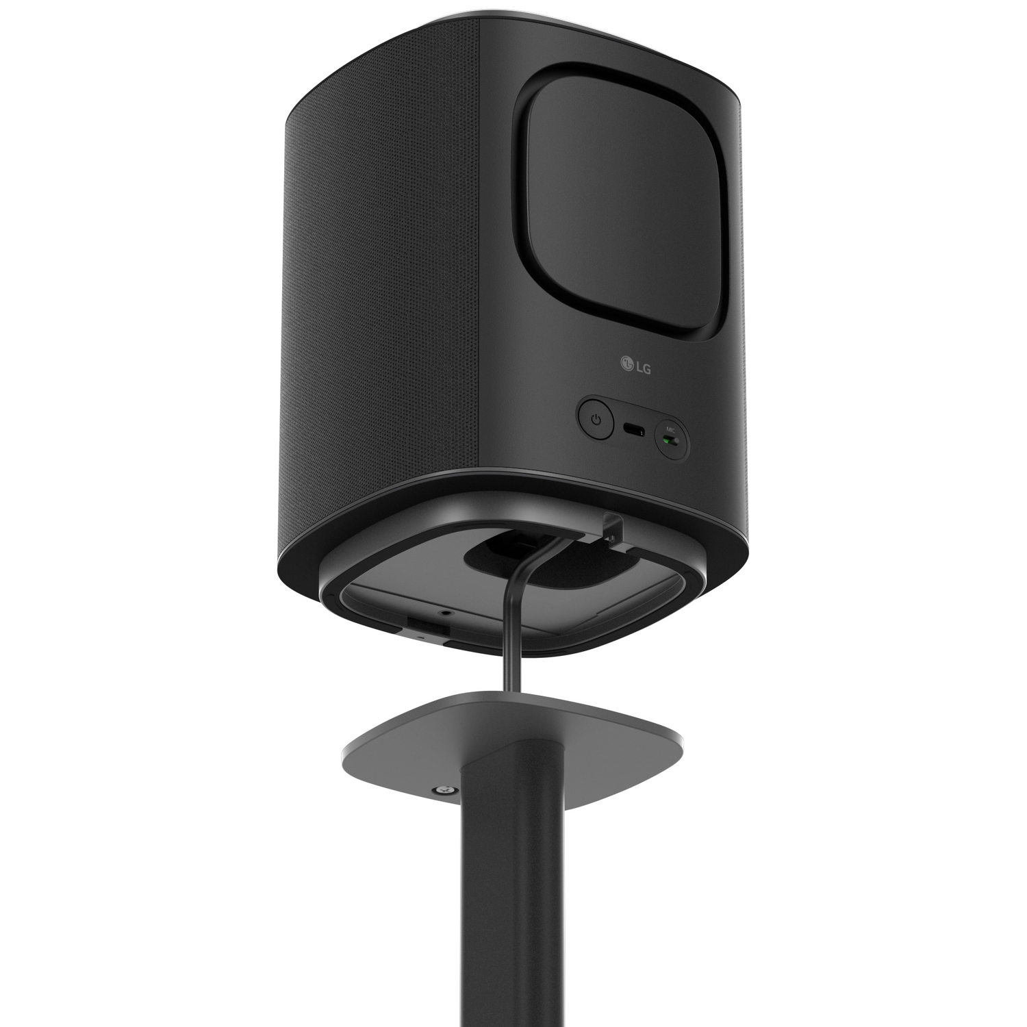 Black LG speaker on a stand, with visible cable.
