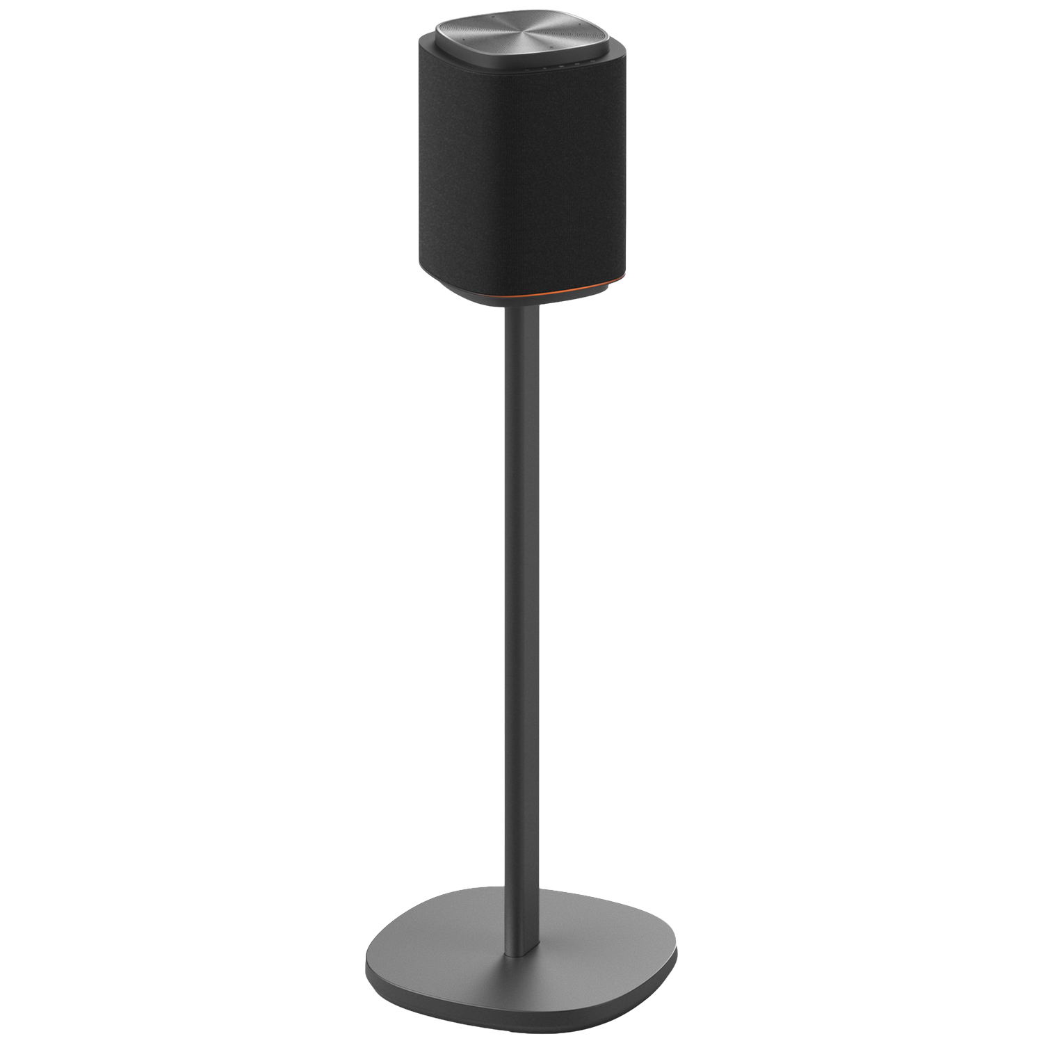Een zwarte luidspreker op een slanke metalen standaard met ronde voet.