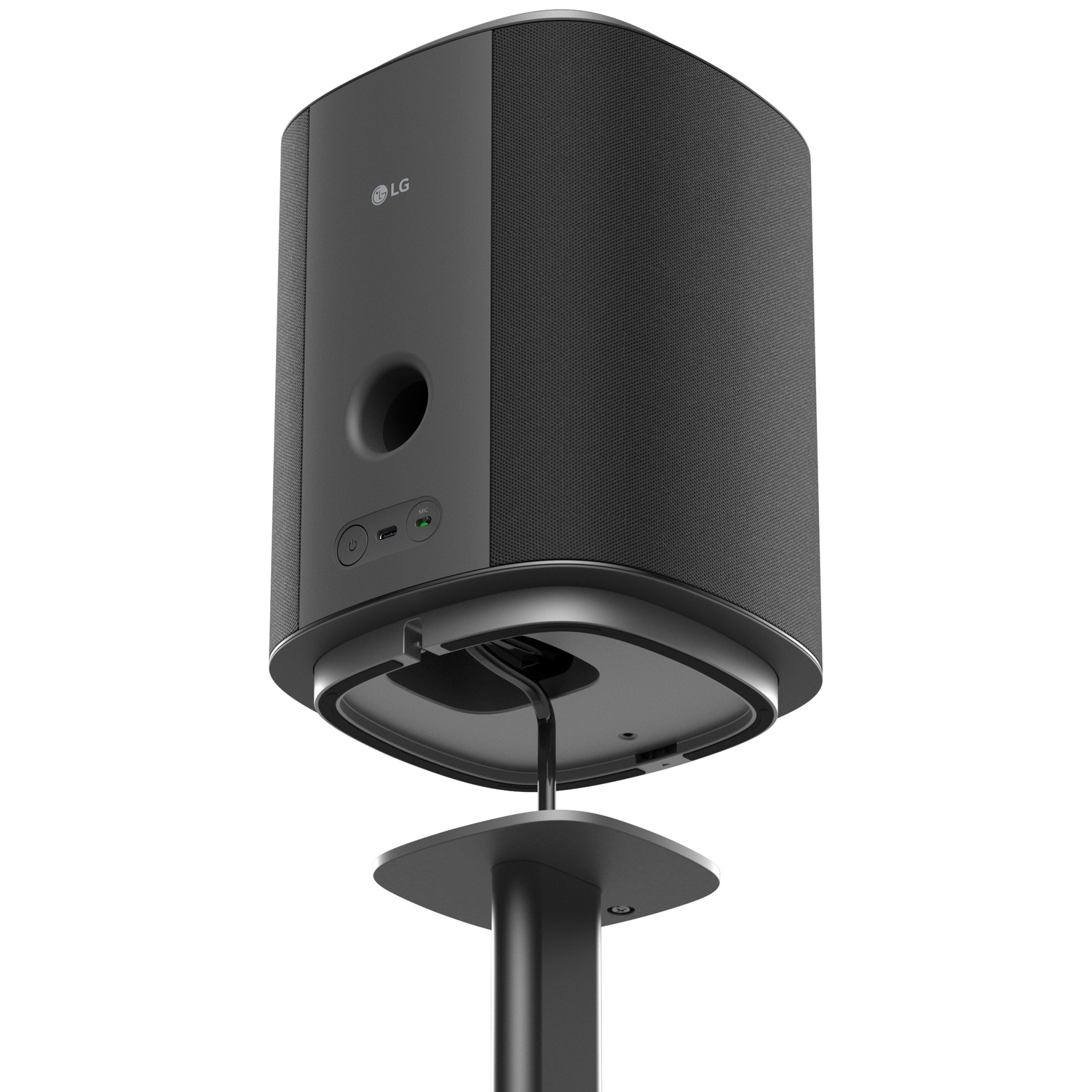 Zwarte LG speaker met aansluitkabel op een standaard, geïsoleerd.