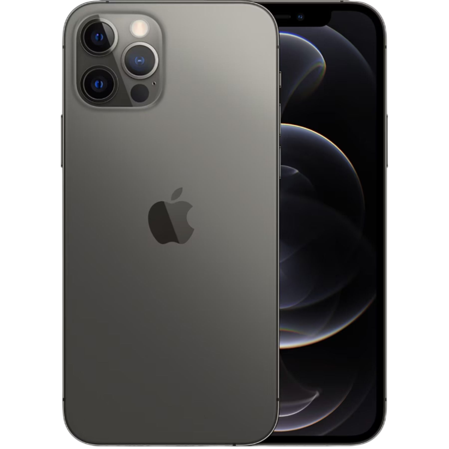 Üç kameralı gri iPhone ve Apple logosu. Ekran karanlık.