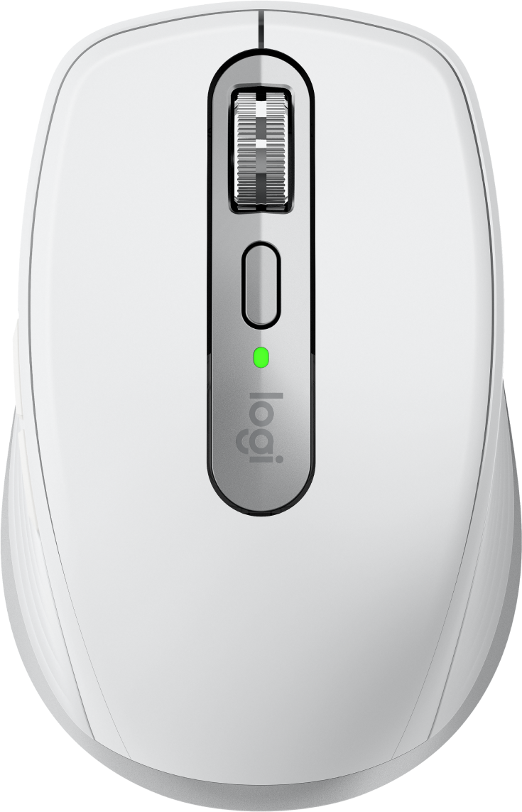 Biała mysz Logitech z srebrnym kółkiem i zieloną diodą LED.