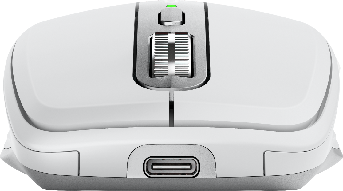Zbliżenie białej myszy komputerowej ze srebrnym kółkiem przewijania i portem USB-C.