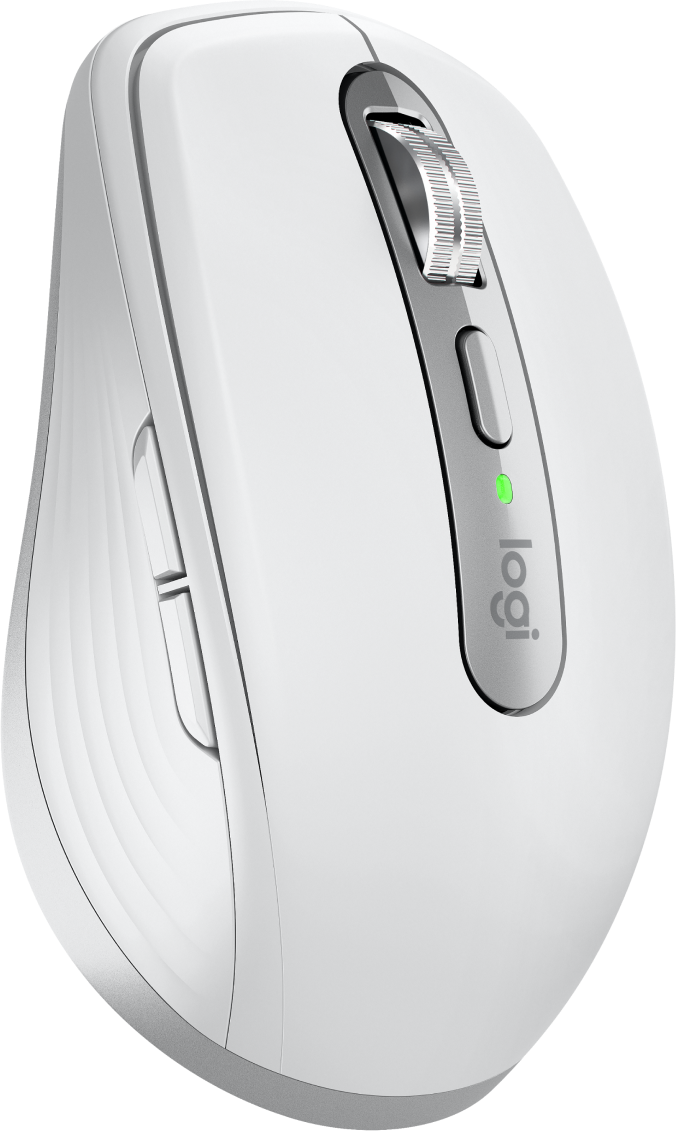 Biała mysz Logitech z srebrnym kółkiem i zieloną diodą LED.