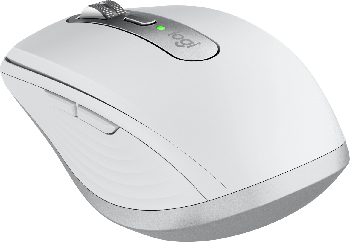 Biała mysz Logitech ze srebrnym kółkiem i zieloną diodą.