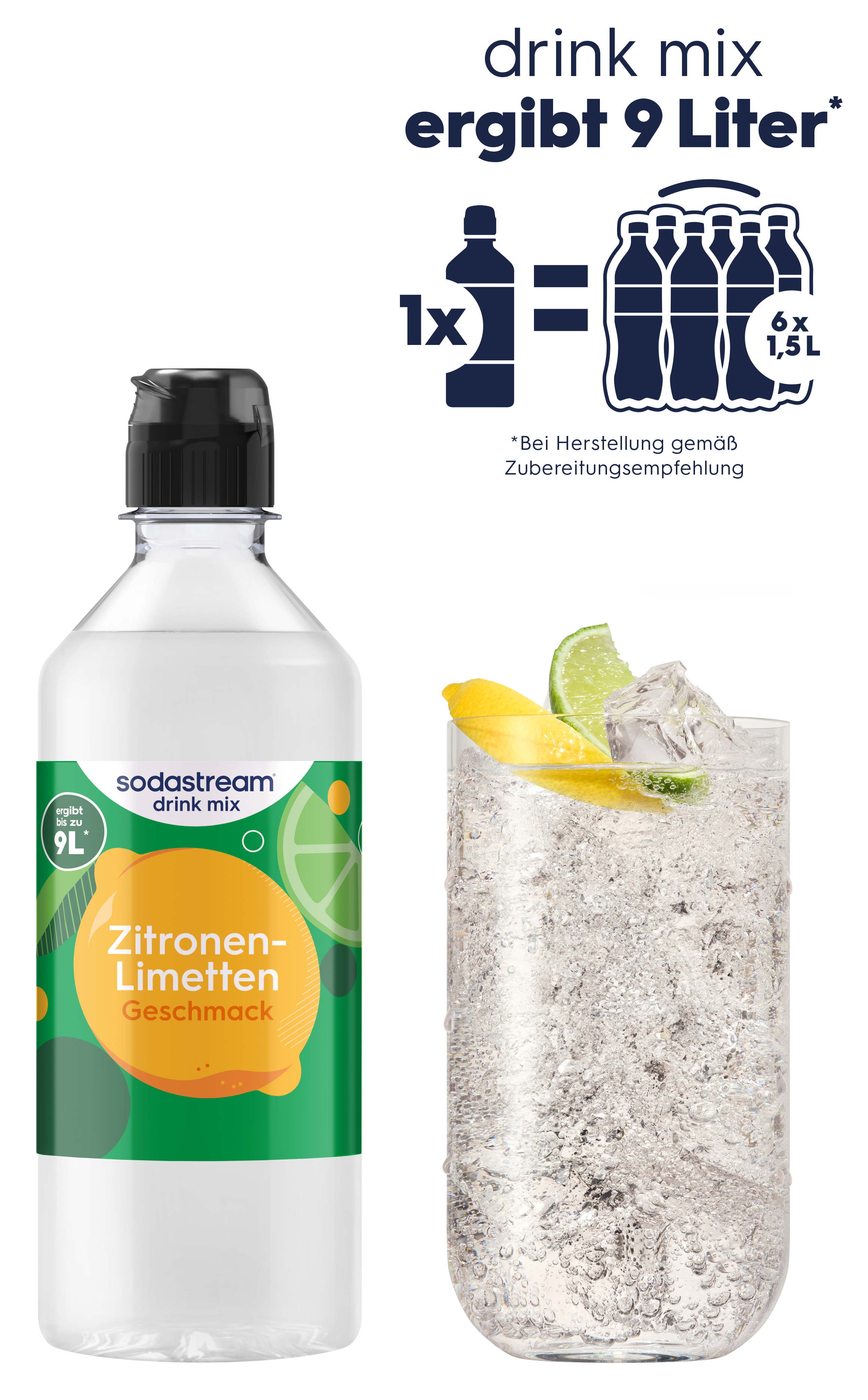 Eine Flasche Sodastream Zitronen-Limetten Sirup neben einem Glas Sprudelwasser mit Zitrone und Limette.