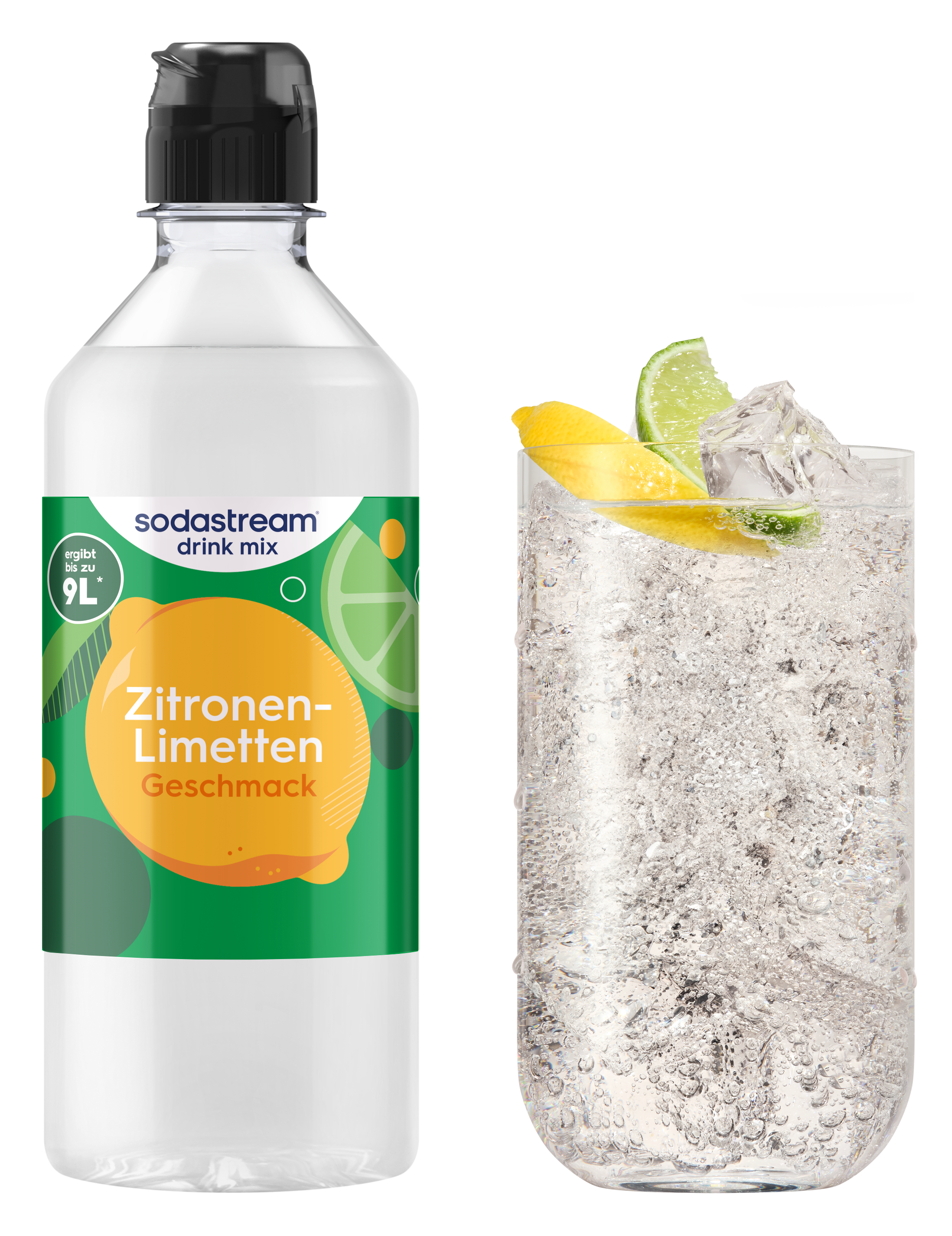 Sodastream Flasche neben einem Glas Sprudelwasser mit Zitrone und Limette.