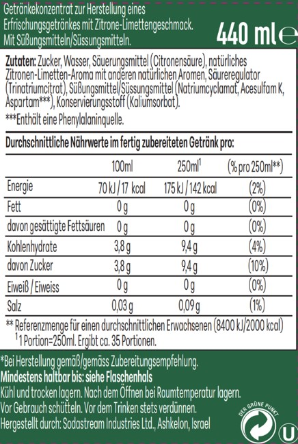 Getränkekonzentrat mit Nährwertangaben. 440 ml. Mit Süßungsmitteln.