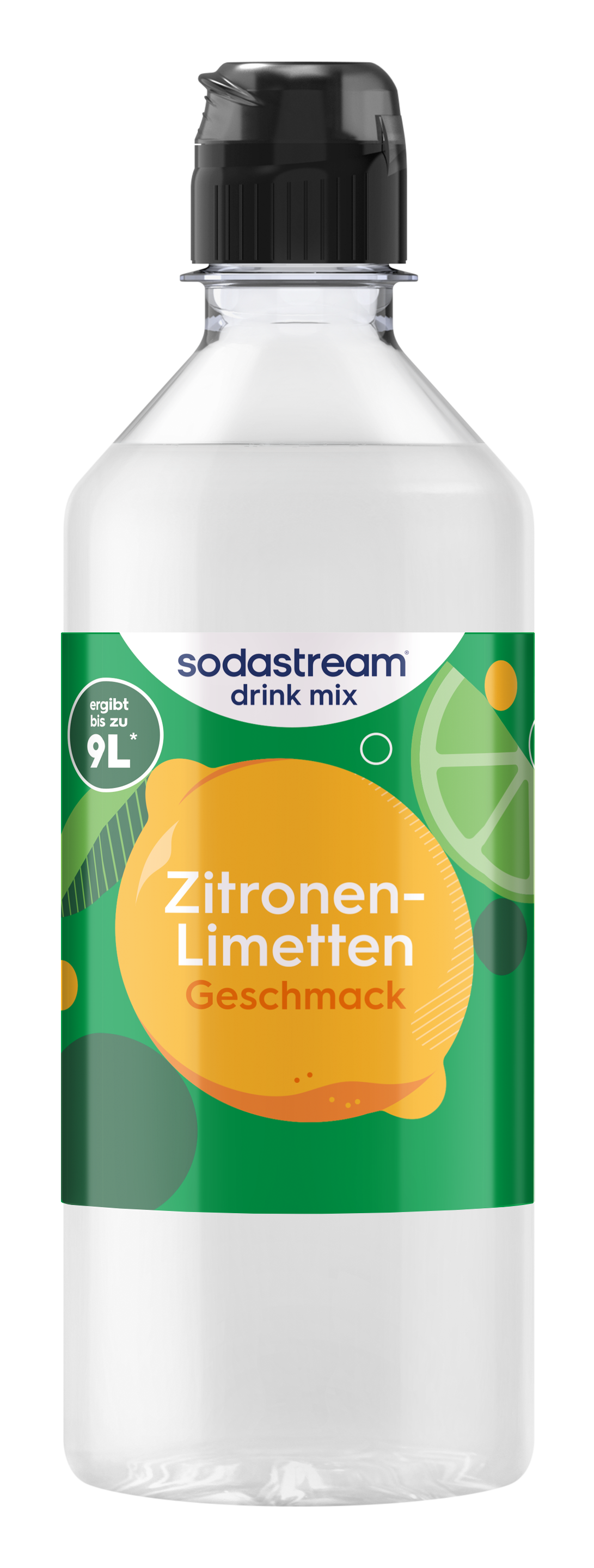 Sodastream Zitronen-Limetten Geschmack Sirup Flasche mit schwarzem Deckel.