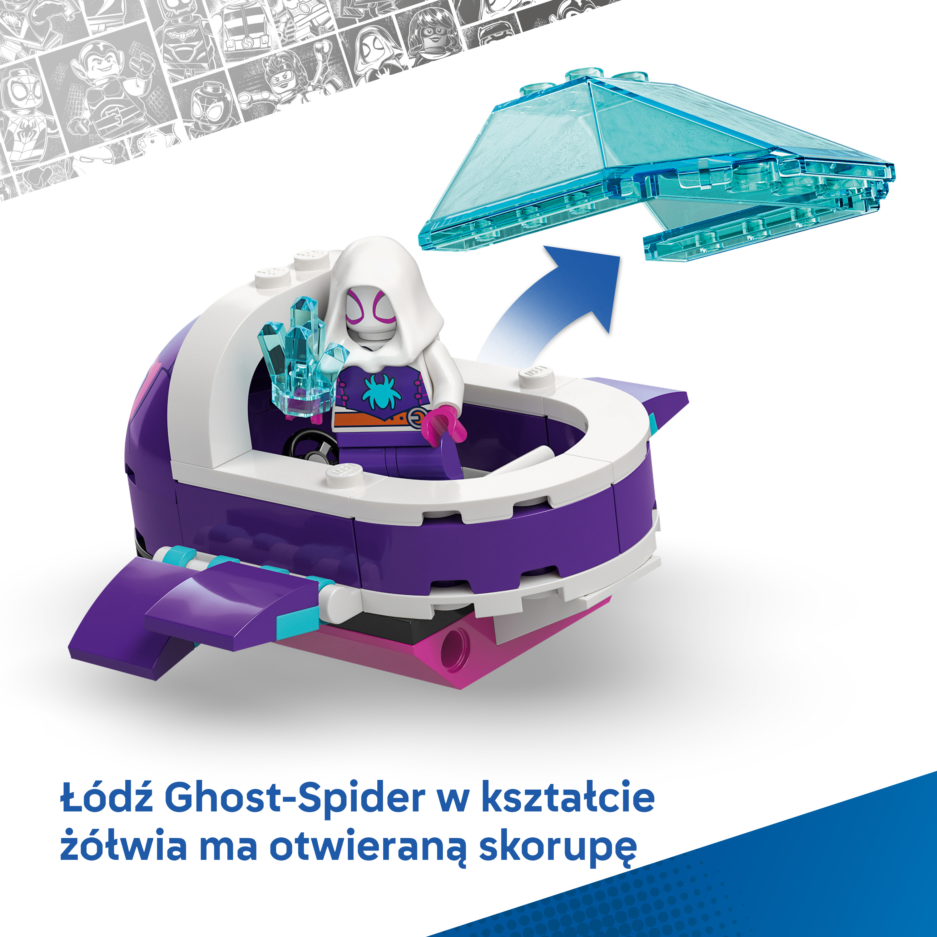 Pojazd Lego Ghost-Spider w kształcie żółwia z przezroczystymi niebieskimi elementami.