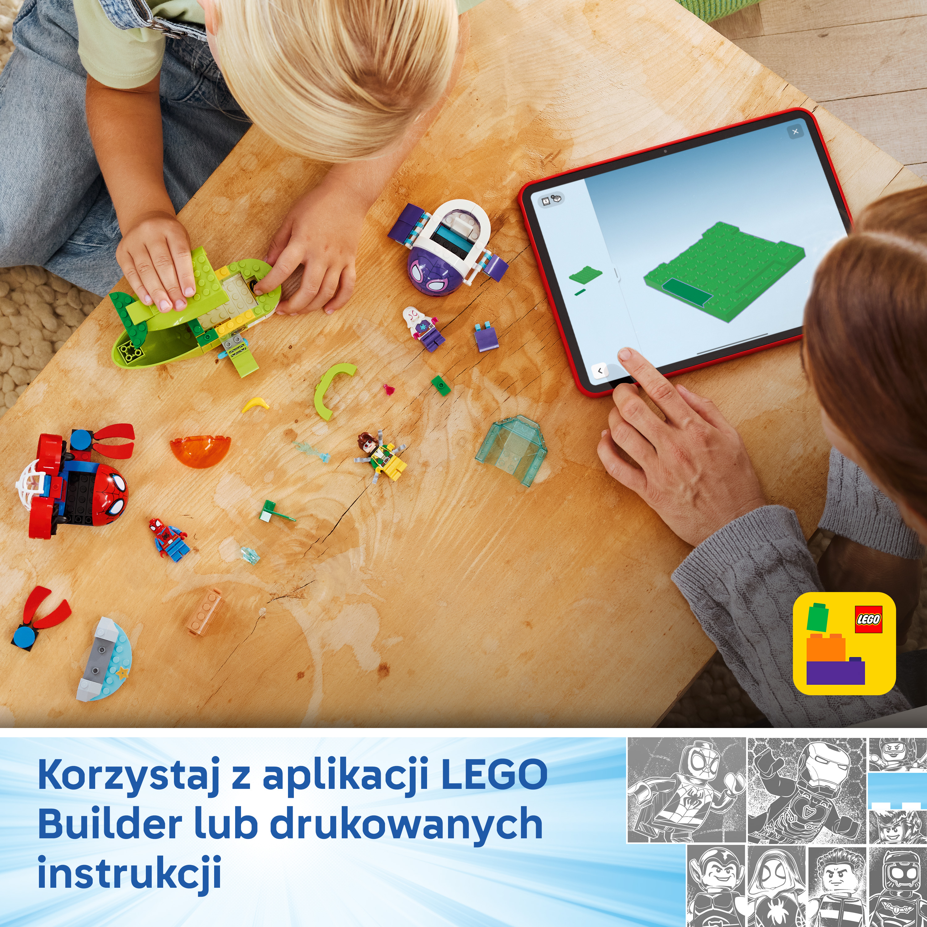 Dzieci budują z klocków Lego, instrukcje pokazane na tablecie.