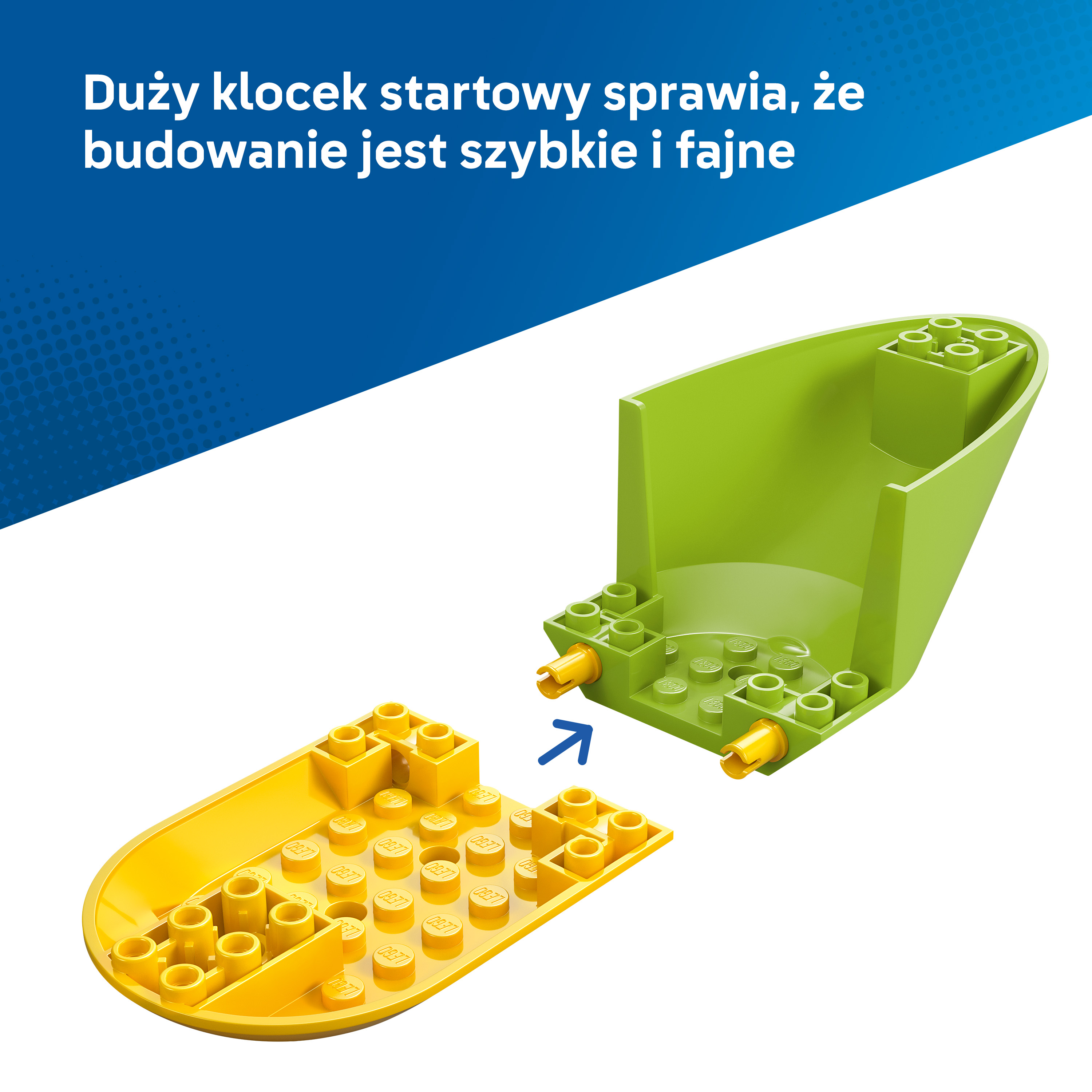 Zielone i żółte klocki LEGO do połączenia, ze strzałką.