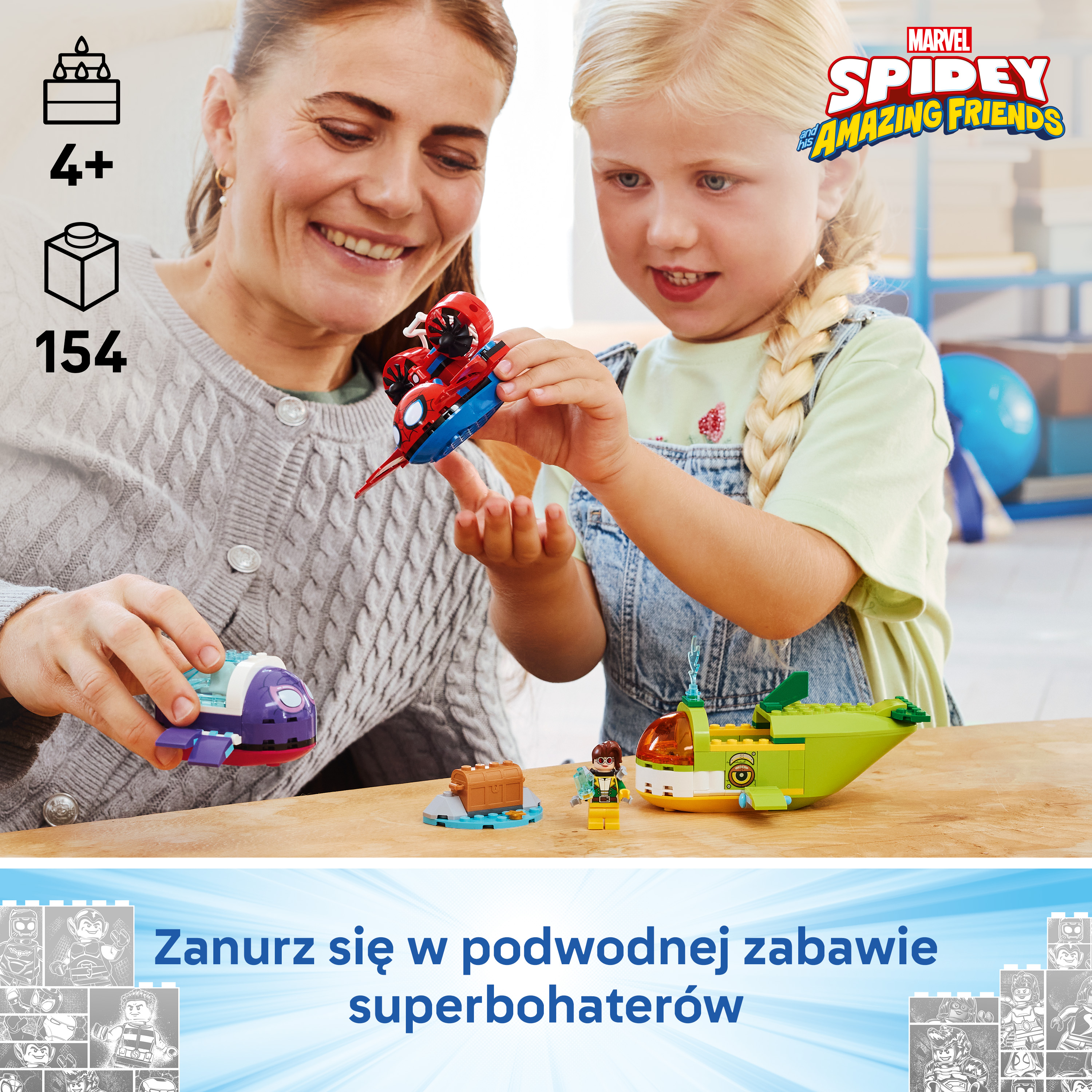Matka i dziecko budują zabawki Lego. Spidey i jego Niesamowici Przyjaciele.