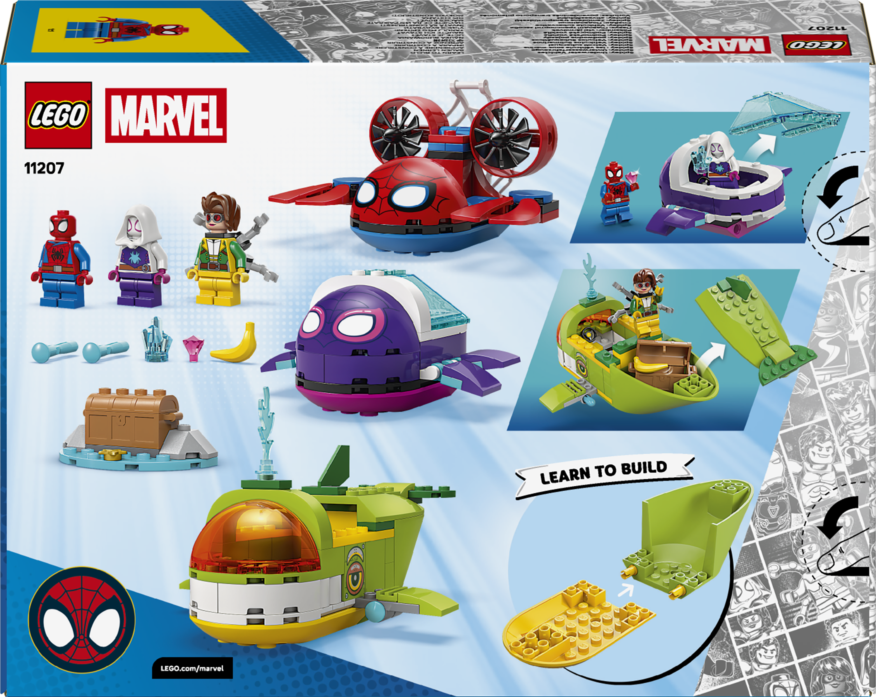 Zestaw LEGO Marvel z minifigurkami i pojazdami Spidermana, Ghost-Spider i Dr. Octopusa.