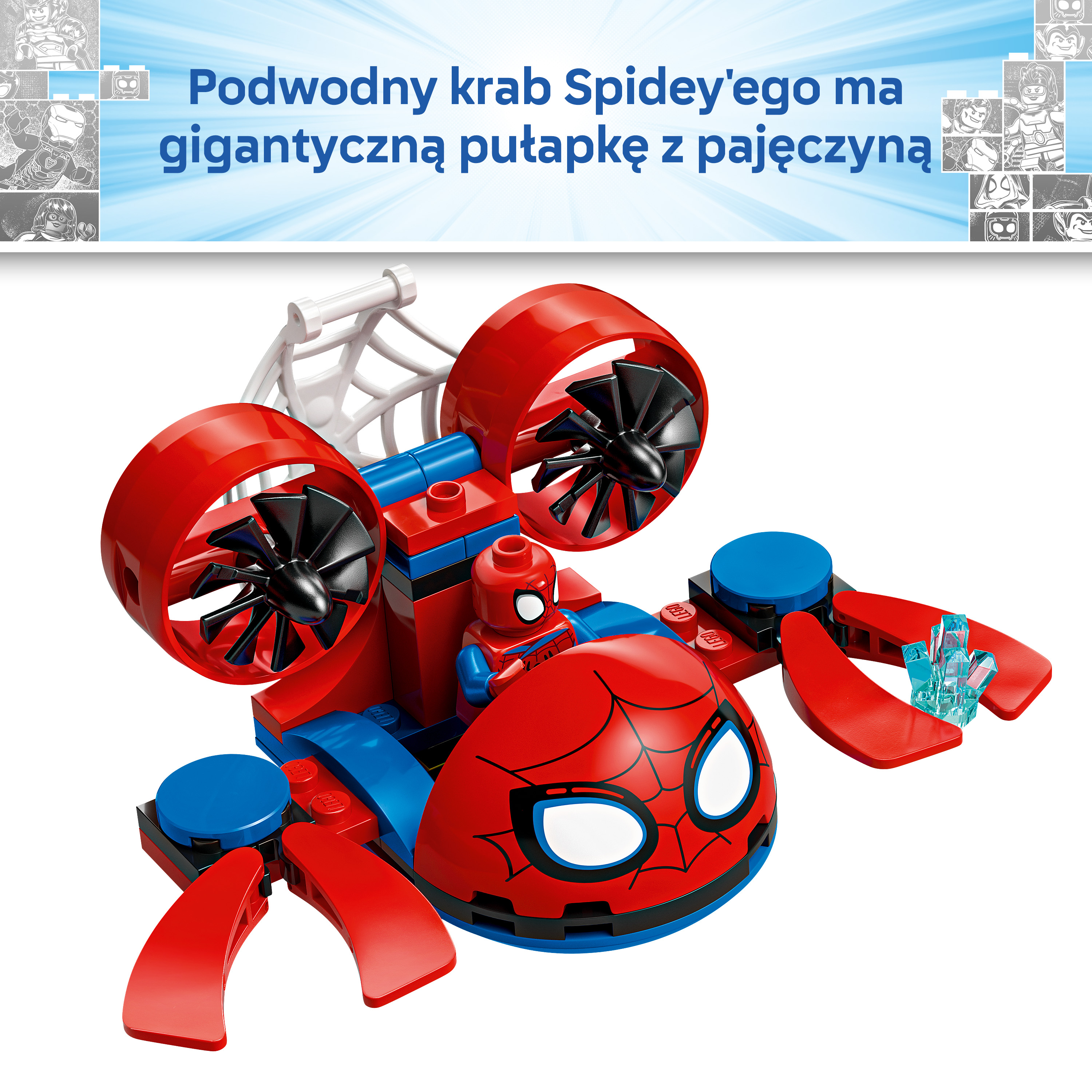 Czerwony i niebieski pojazd Lego z figurką Spidey i elementami pajęczyny.