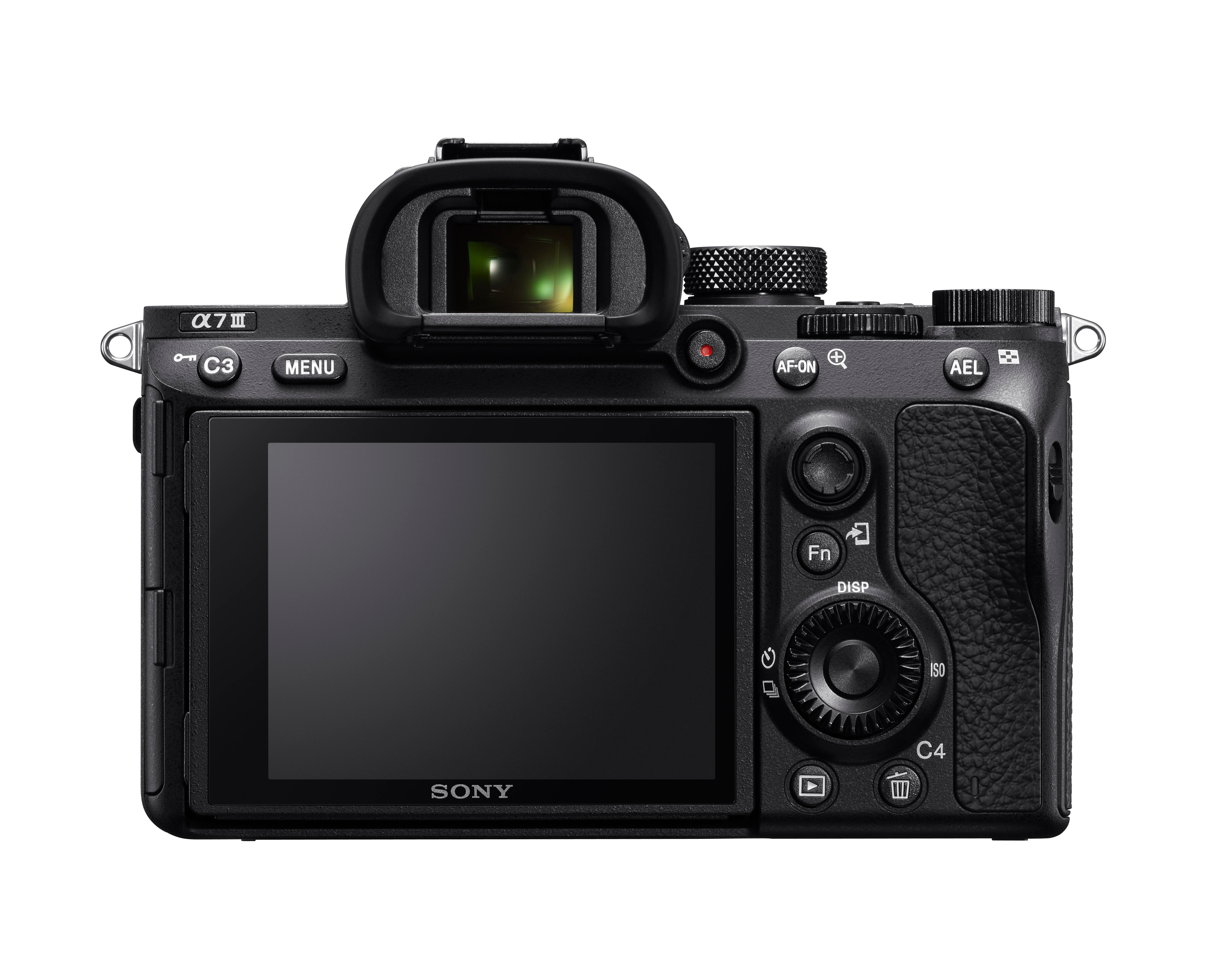 Rückansicht einer schwarzen Sony Alpha 7 III Kamera mit LCD-Bildschirm und Bedienelementen.