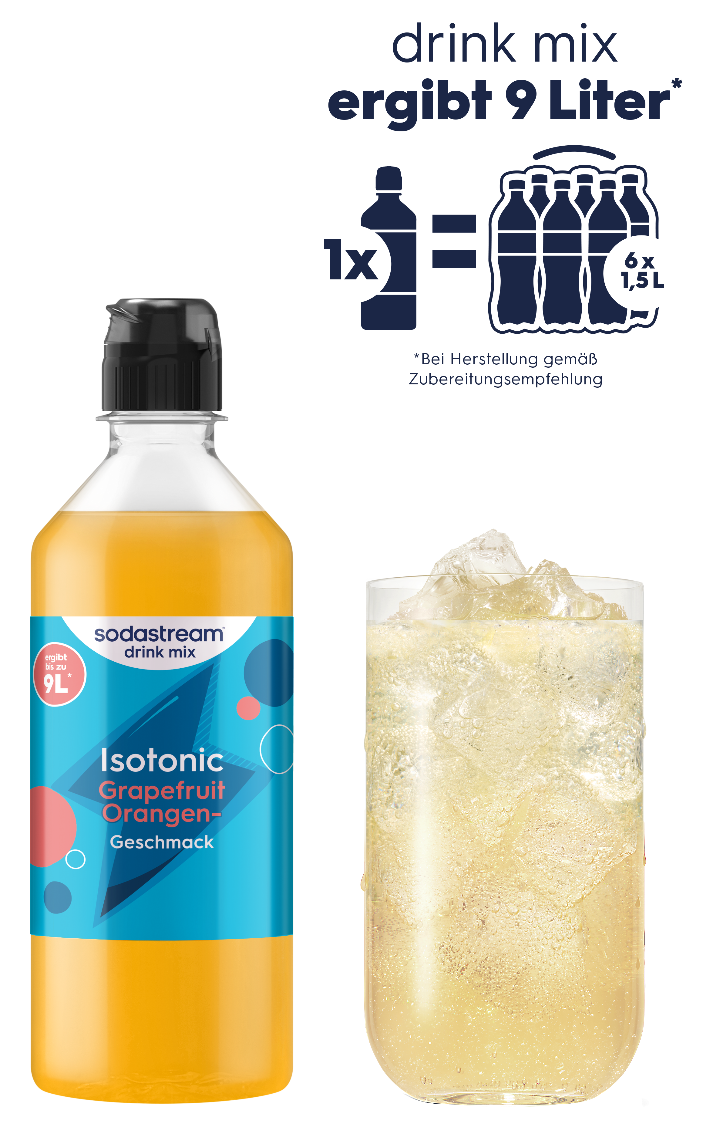 Eine Flasche Sodastream Grapefruit-Orangen-Geschmack neben einem Glas mit Eis und Getränk.