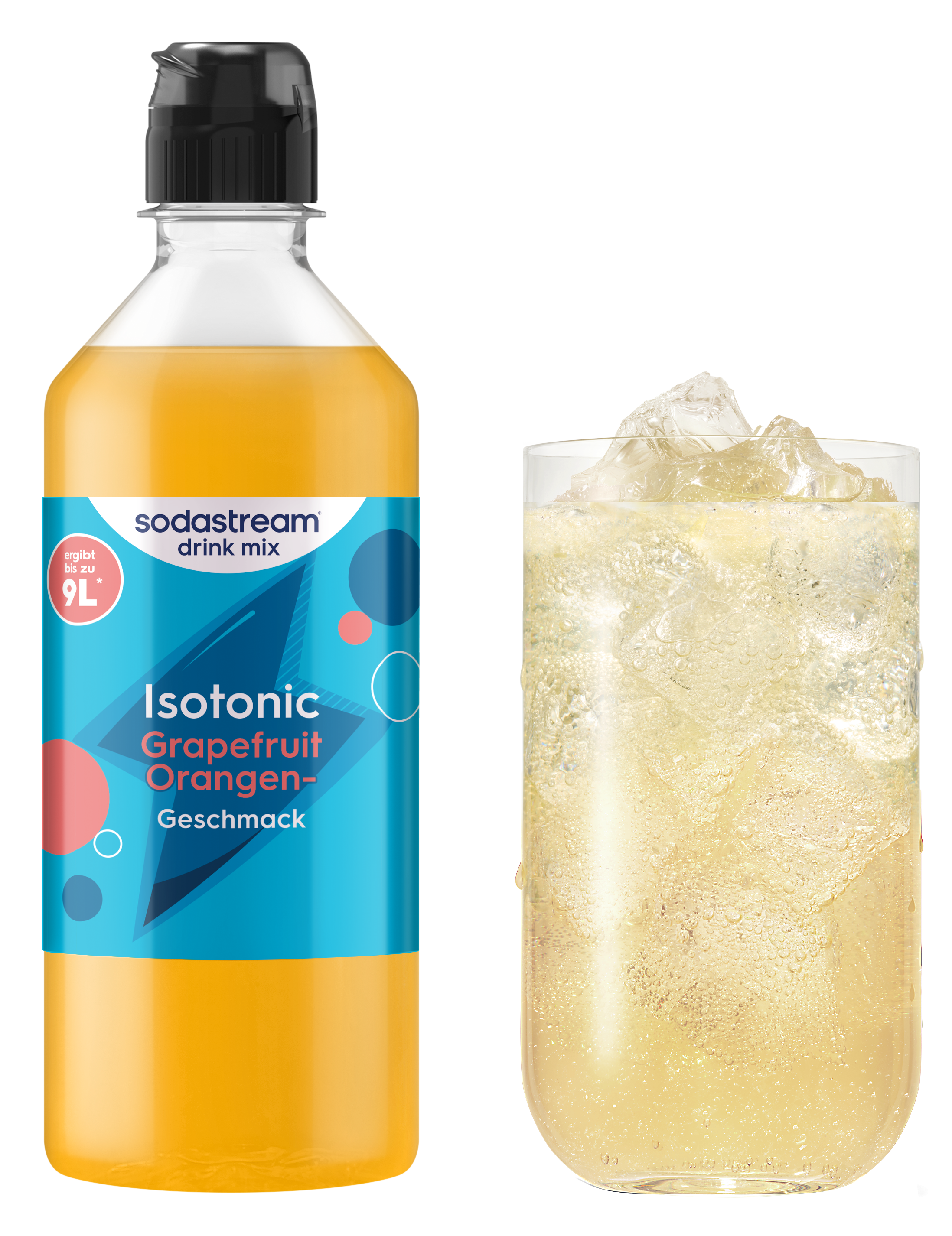 Eine Flasche Sodastream Drink Mix Grapefruit-Orangen-Geschmack neben einem Glas mit Eis und Getränk.