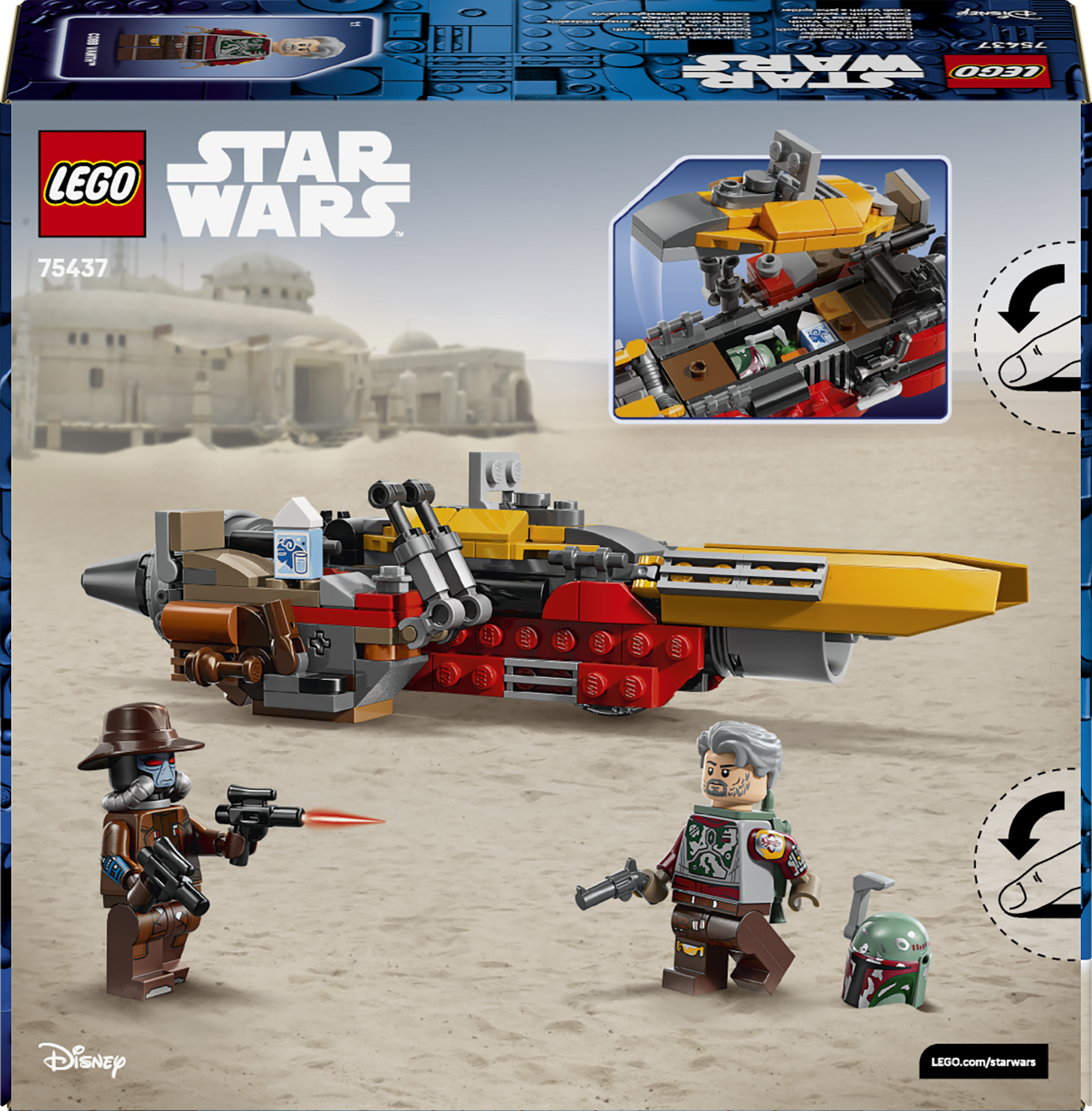 Zestaw LEGO Star Wars z pojazdem i minifigurkami na piasku. Architektura pustynna w tle.