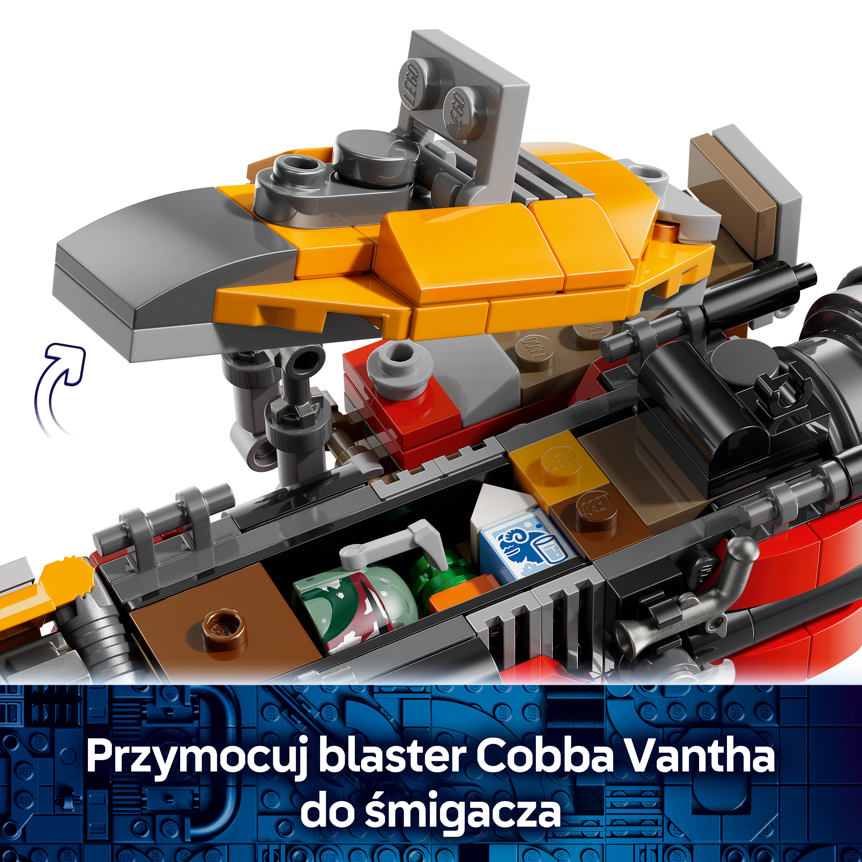 Szczegółowy model Lego statku kosmicznego z pomarańczowymi i szarymi elementami. Ładownia.