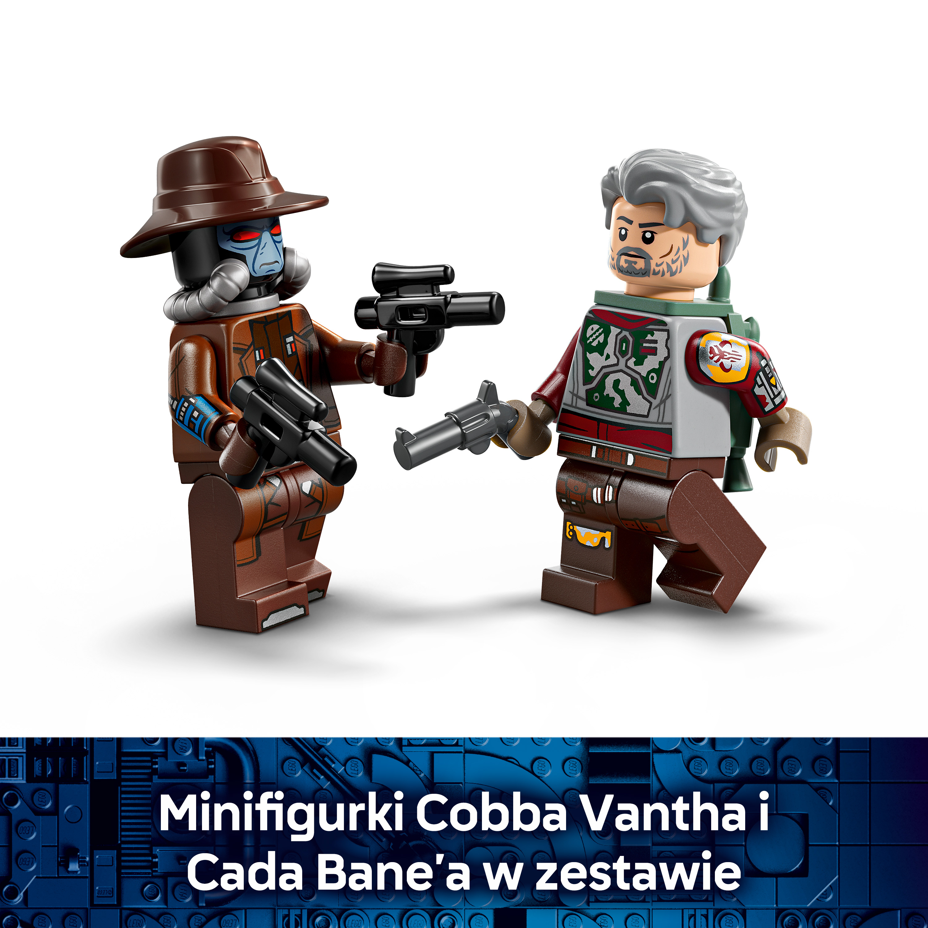 Dwie minifigurki Lego z blasterami na białym tle.