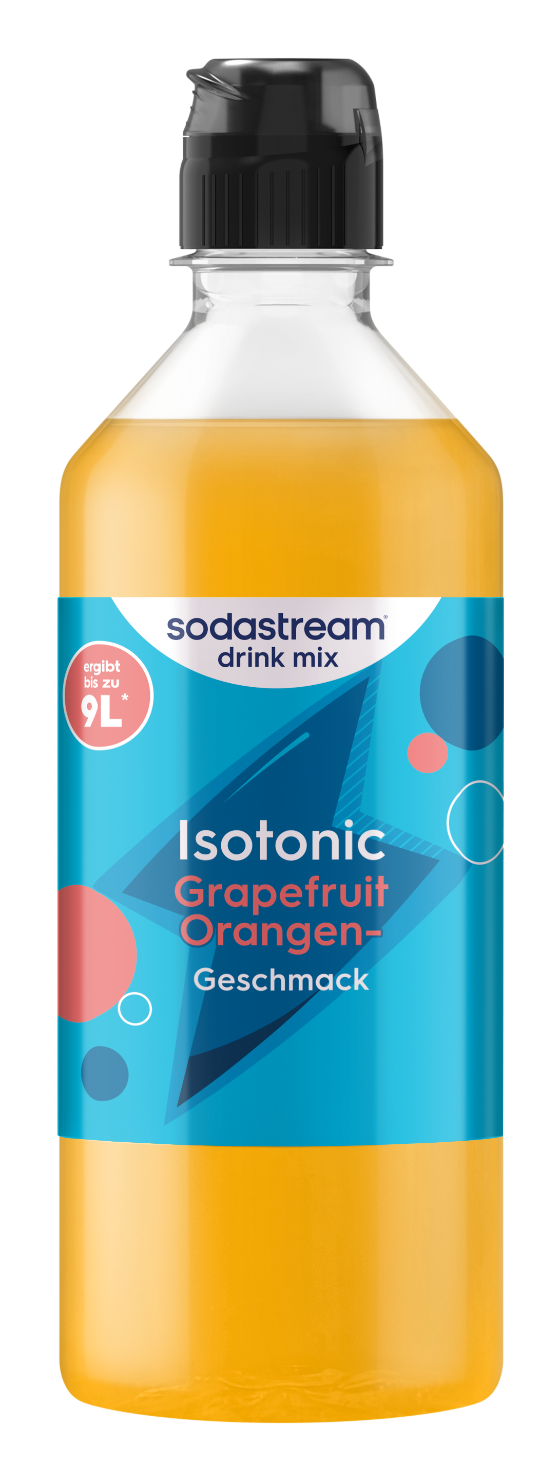 Sodastream Isotonisches Grapefruit-Orangen-Getränkemix in gelber Flasche mit schwarzem Deckel.