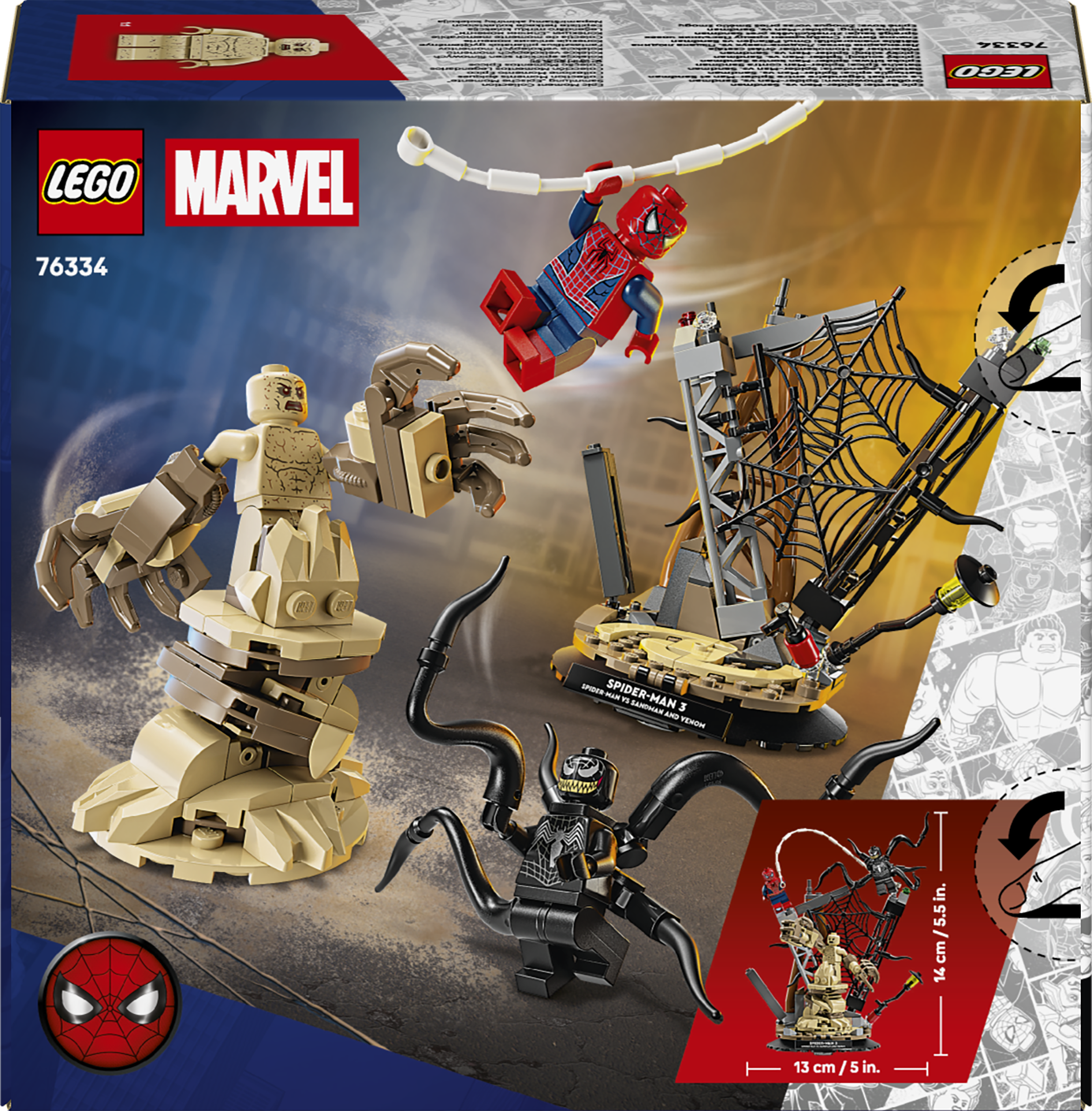 Zestaw LEGO Marvel z figurkami Spider-Mana, Sandmana i Venoma na podstawce.