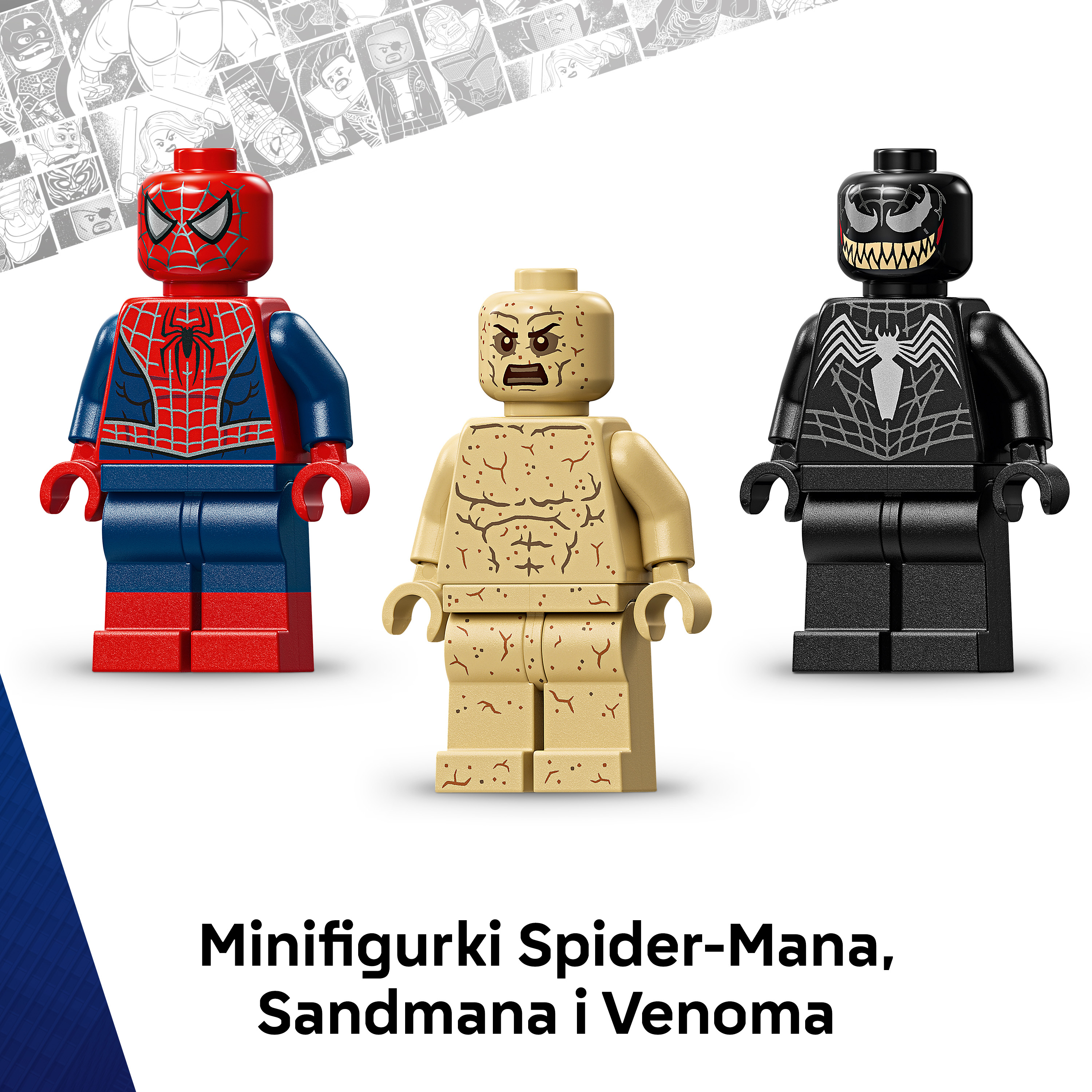 Trzy figurki Lego: Spiderman, Sandman i Venom, na tle komiksowym.