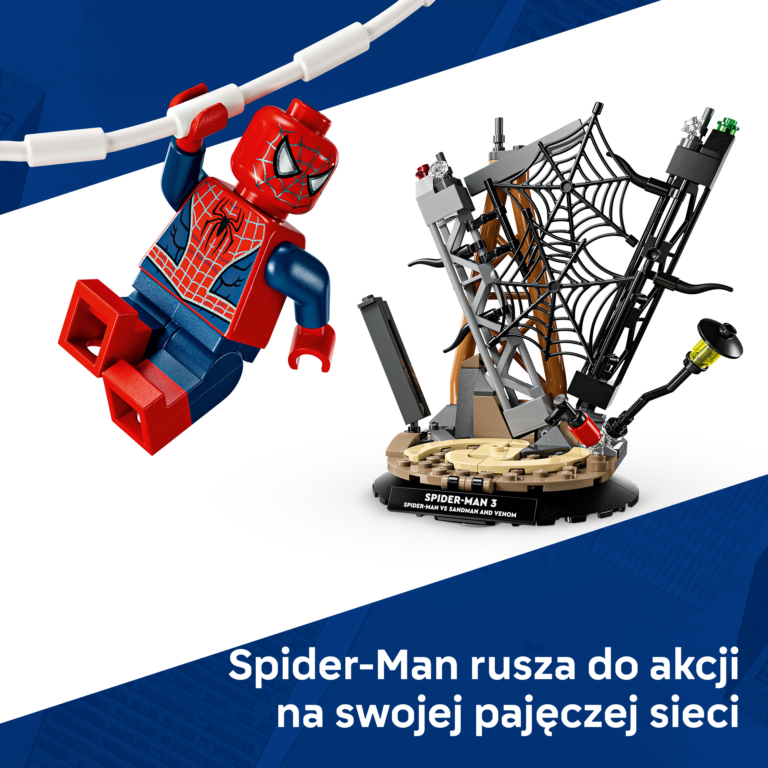 Lego Spider-Man huśta się z zestawem pajęczej sieci.