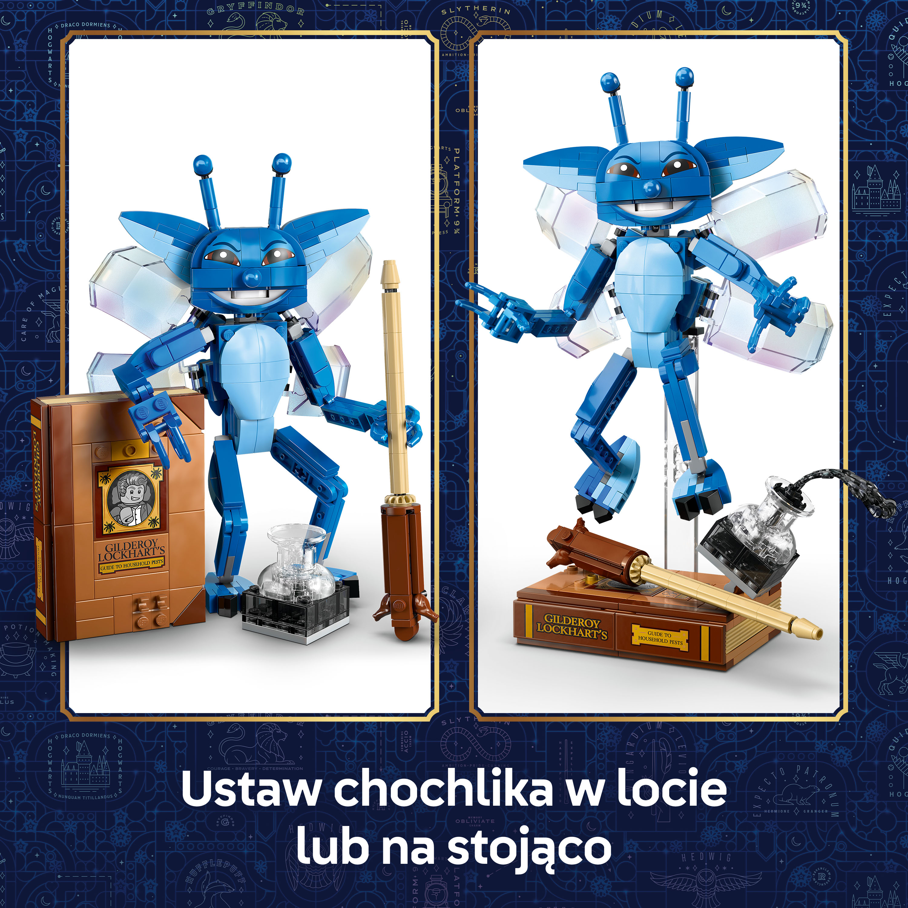 Dwie niebieskie figurki Lego, jedna trzyma książkę, druga kałamarz.