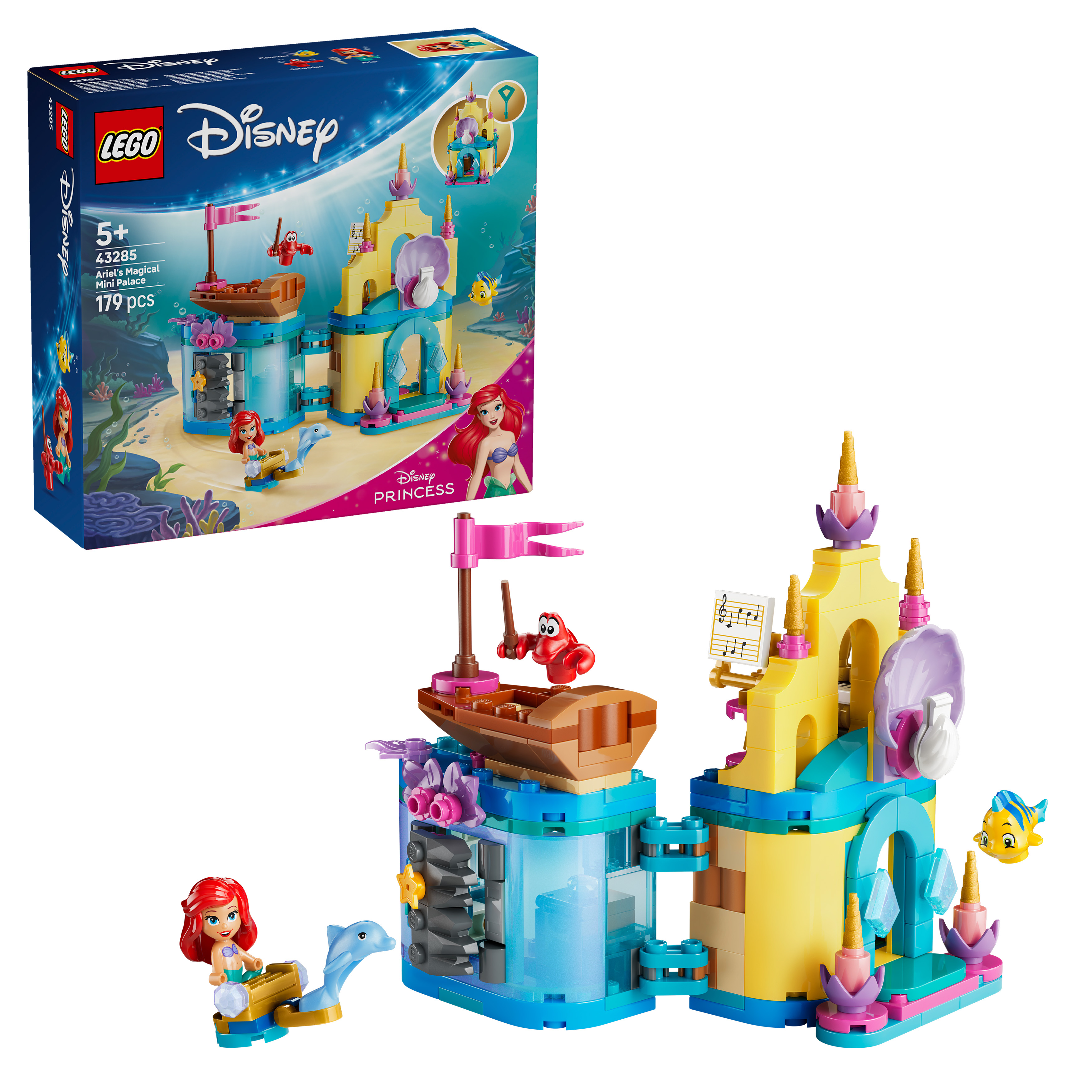 Zestaw Lego: Magiczny Mini Pałac Arielki z figurkami Arielki, Sebastiana i Flądra.