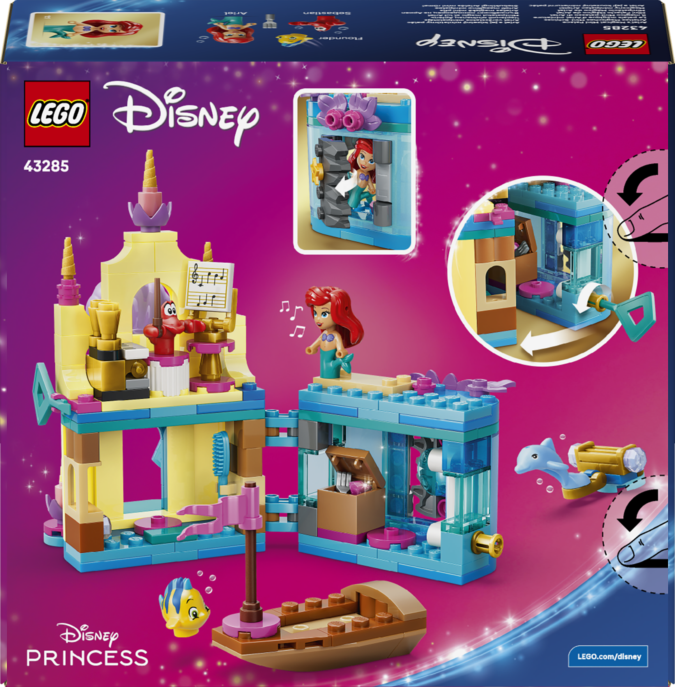 Zamek LEGO Disney z Ariel, Sebastianem, Flounderem i łodzią.