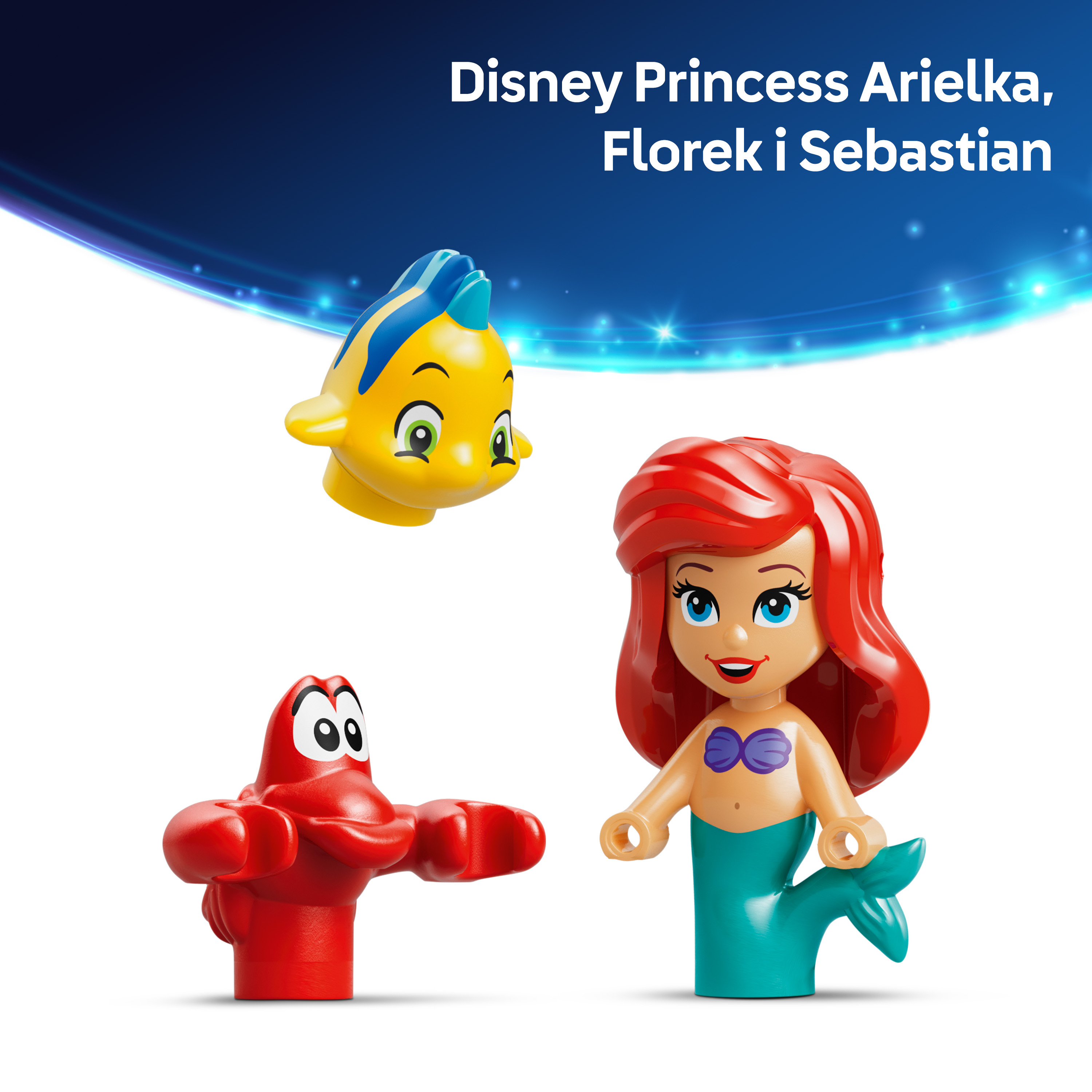 Figurki Ariel, Sebastiana i Flądra na niebieskim tle.