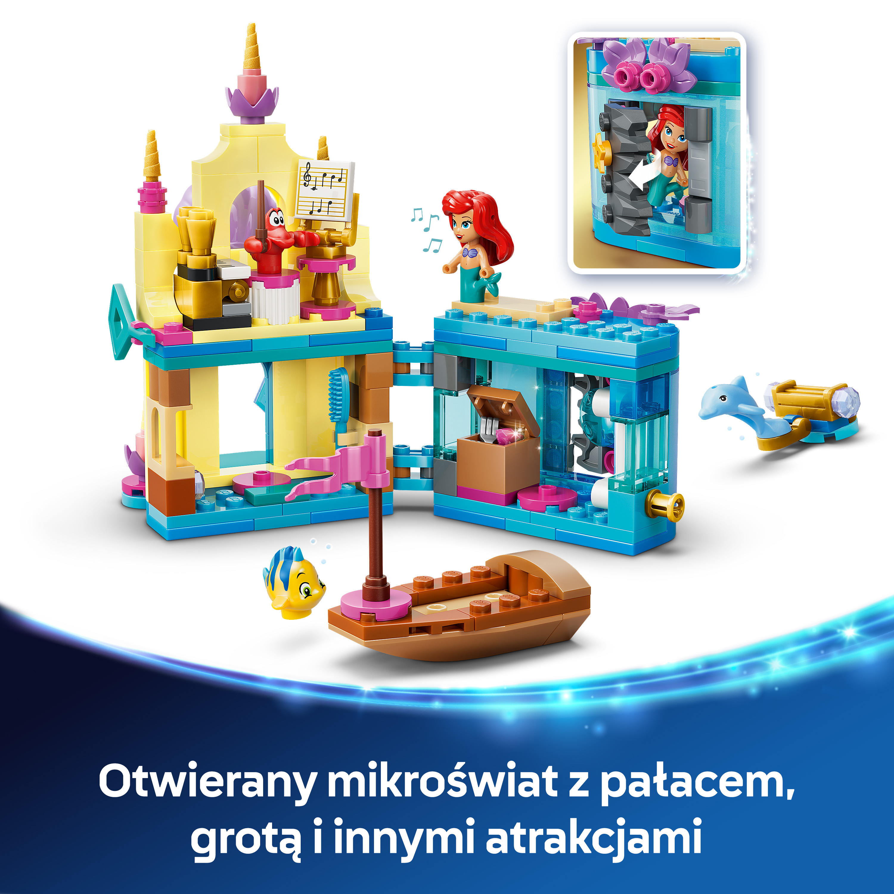 Zestaw Lego z Ariel, Flounder, Sebastianem, łodzią i zamkiem.