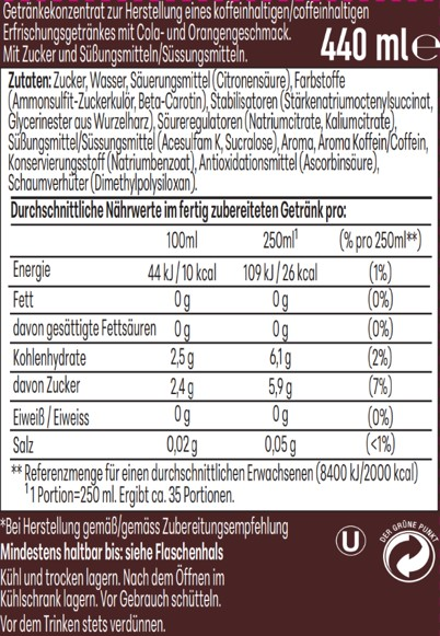 Nährwertangaben für ein Getränkekonzentrat: Zutaten, Nährwerte pro 100ml/250ml.