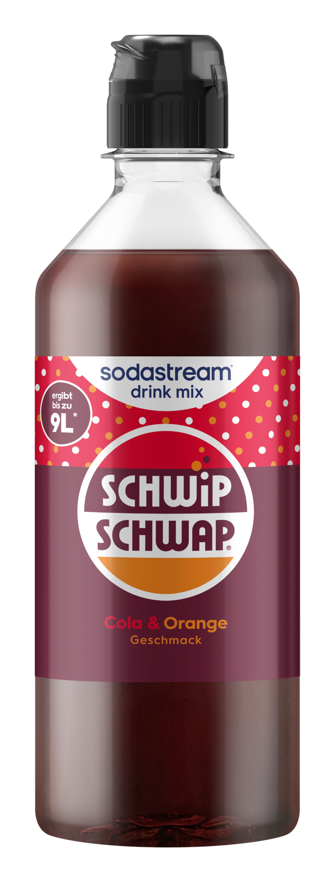 Eine Sodastream Flasche mit rotem Etikett für Cola- und Orangen-Geschmack.