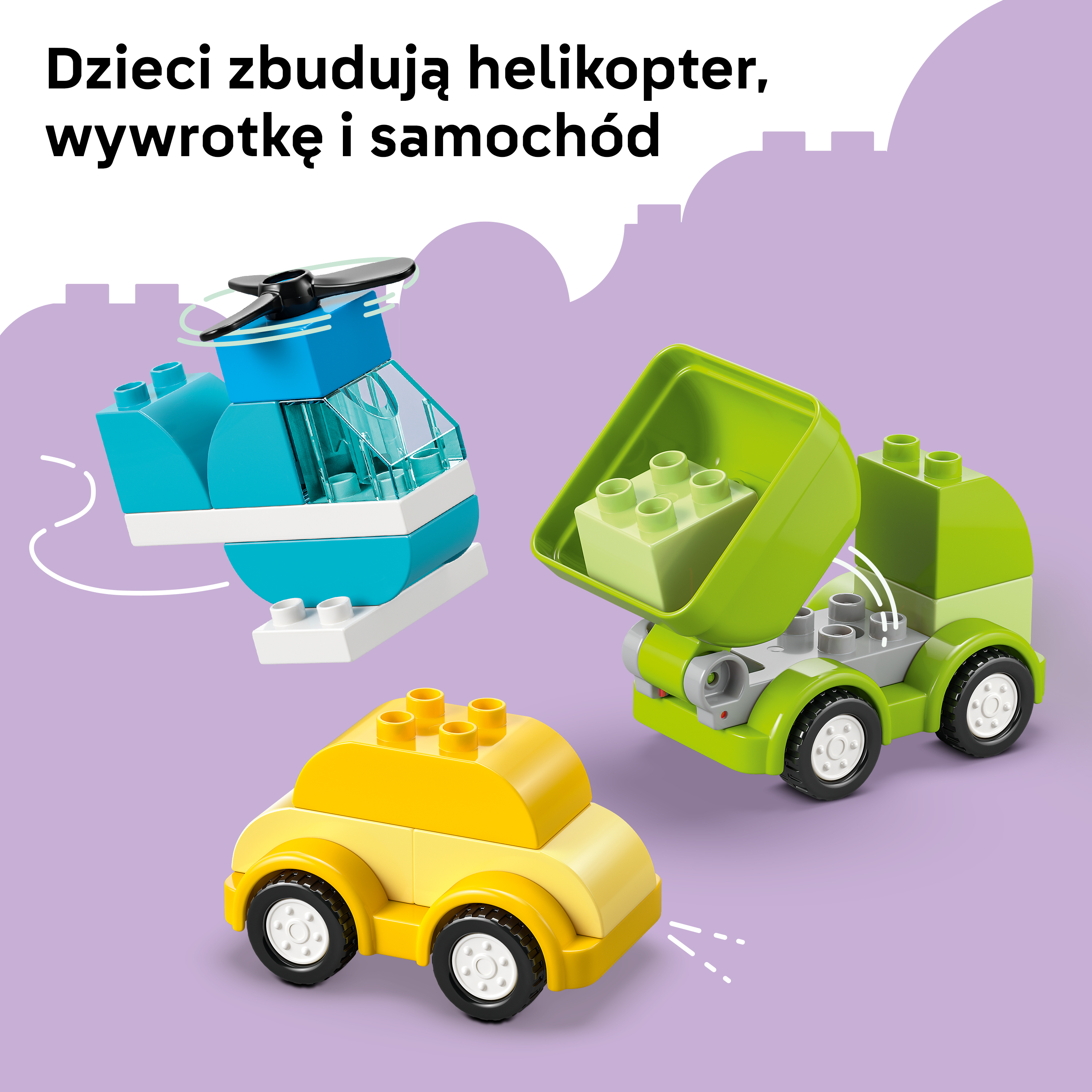 Niebieski helikopter, zielona wywrotka i żółty samochód z klocków.