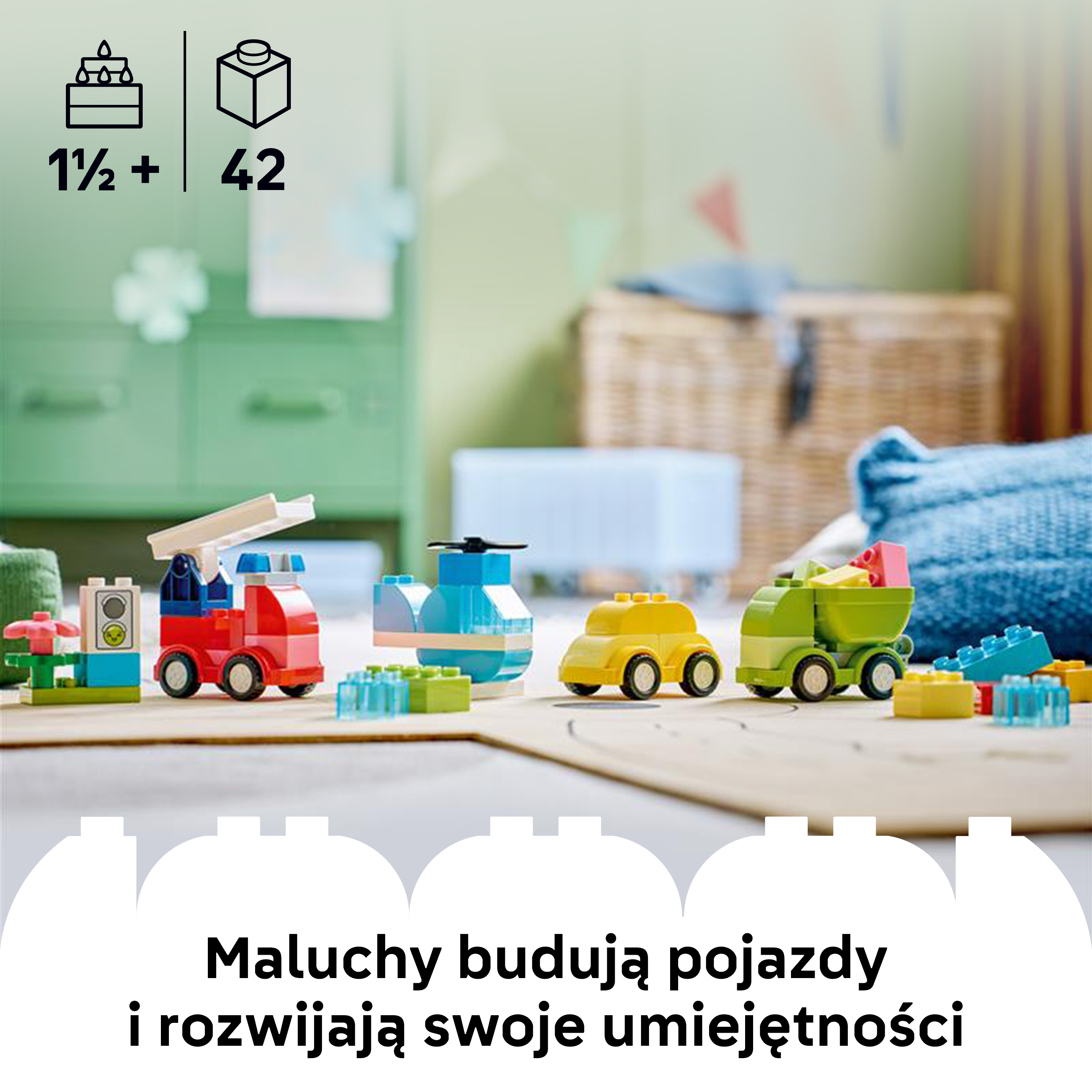 Kolorowe pojazdy Lego: wóz strażacki, helikopter, żółte auto, wywrotka.