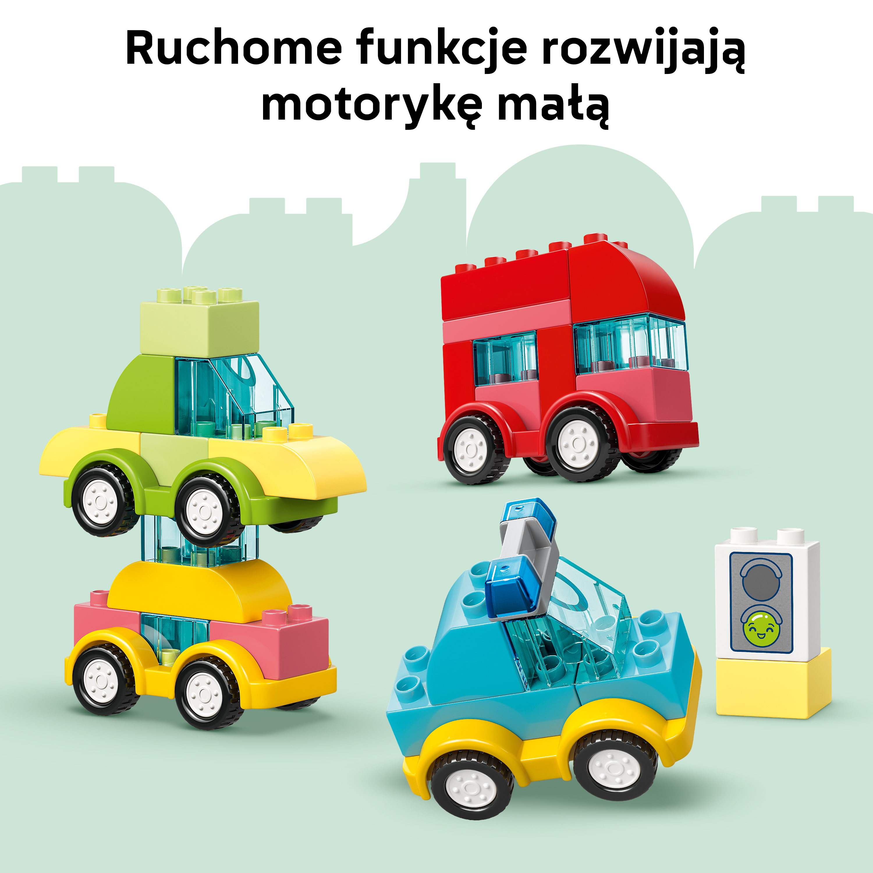 Kolorowe samochody z klocków Lego na jasnym tle. Czerwony autobus piętrowy, niebieski radiowóz, zielone i żółte.