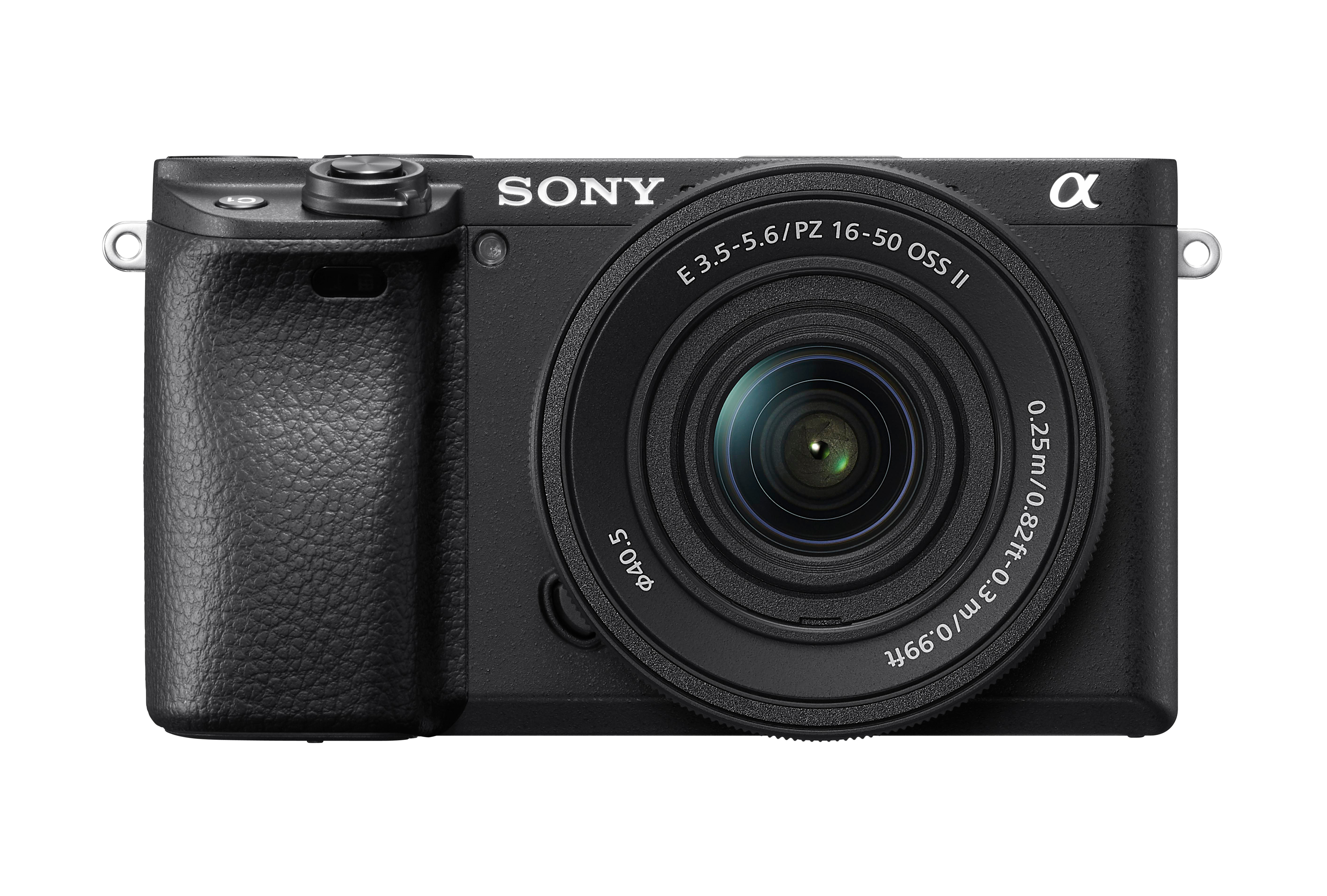 Schwarze Sony Alpha Kamera mit Objektiv E 3.5-5.6/PZ 16-50 OSS II.