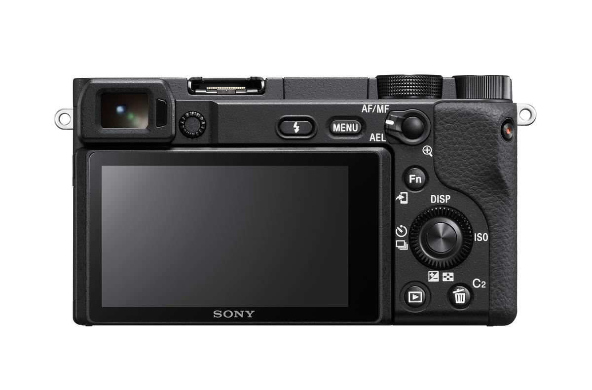 Rückansicht einer schwarzen Sony Digitalkamera mit großem Bildschirm und verschiedenen Tasten.