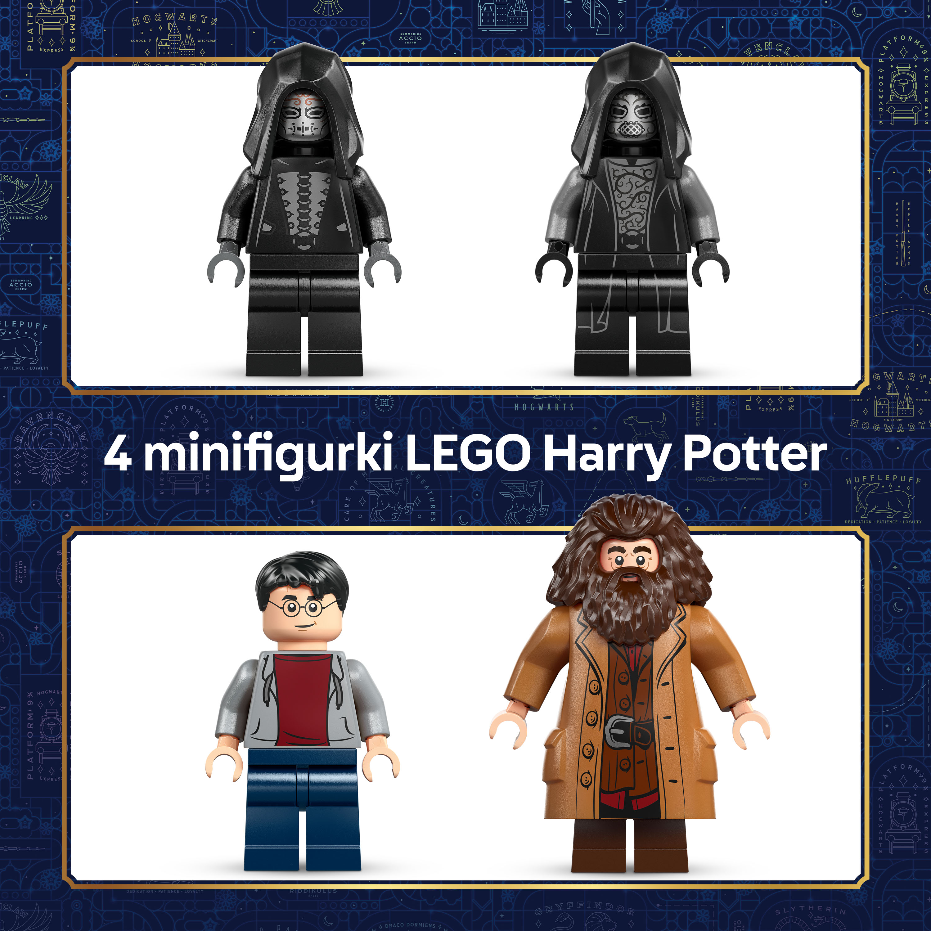Cztery minifigurki LEGO Harry Potter: dwóch Śmierciożerców, Harry Potter i Hagrid.