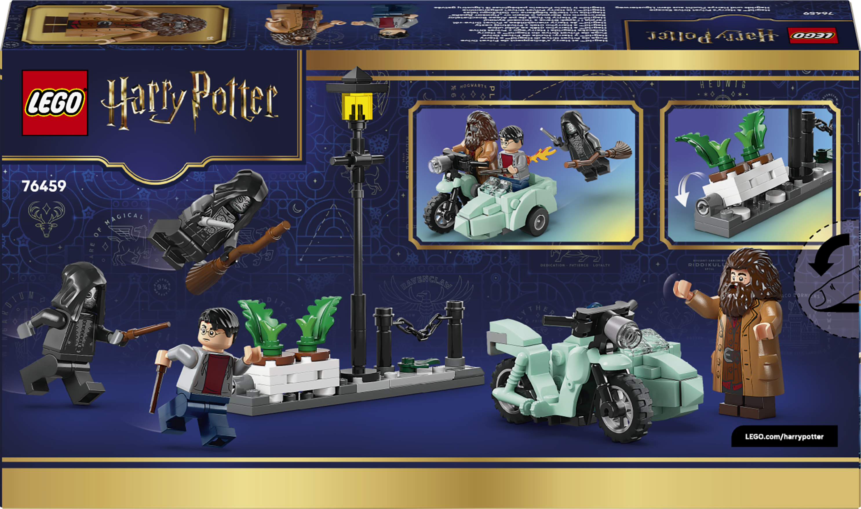 Scena Lego Harry Potter z Hagridem, Harrym, Dementorem, motocyklem z koszem i latarnią.