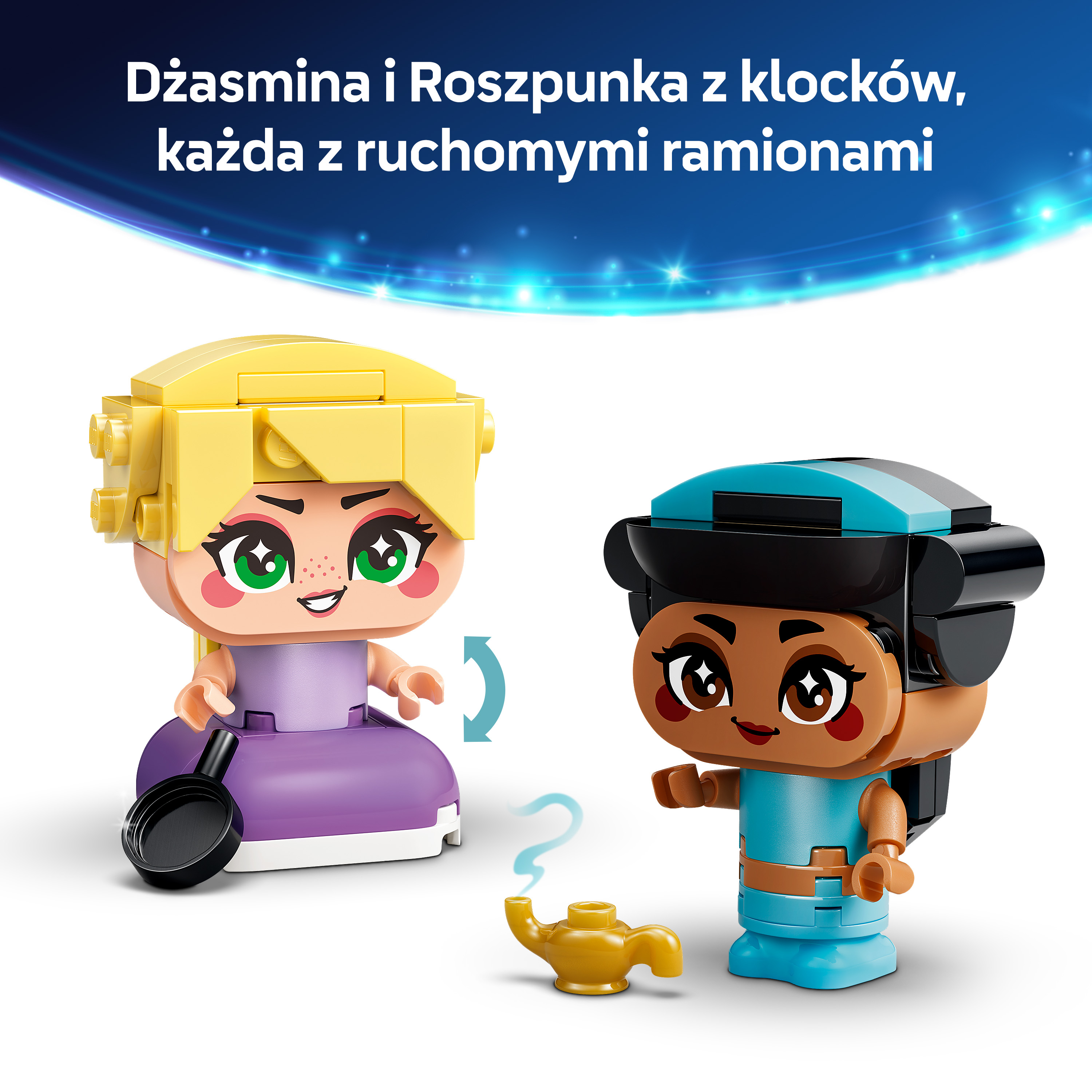 Figurki Lego Jasmine i Roszpunki z ruchomymi ramionami i lampą.