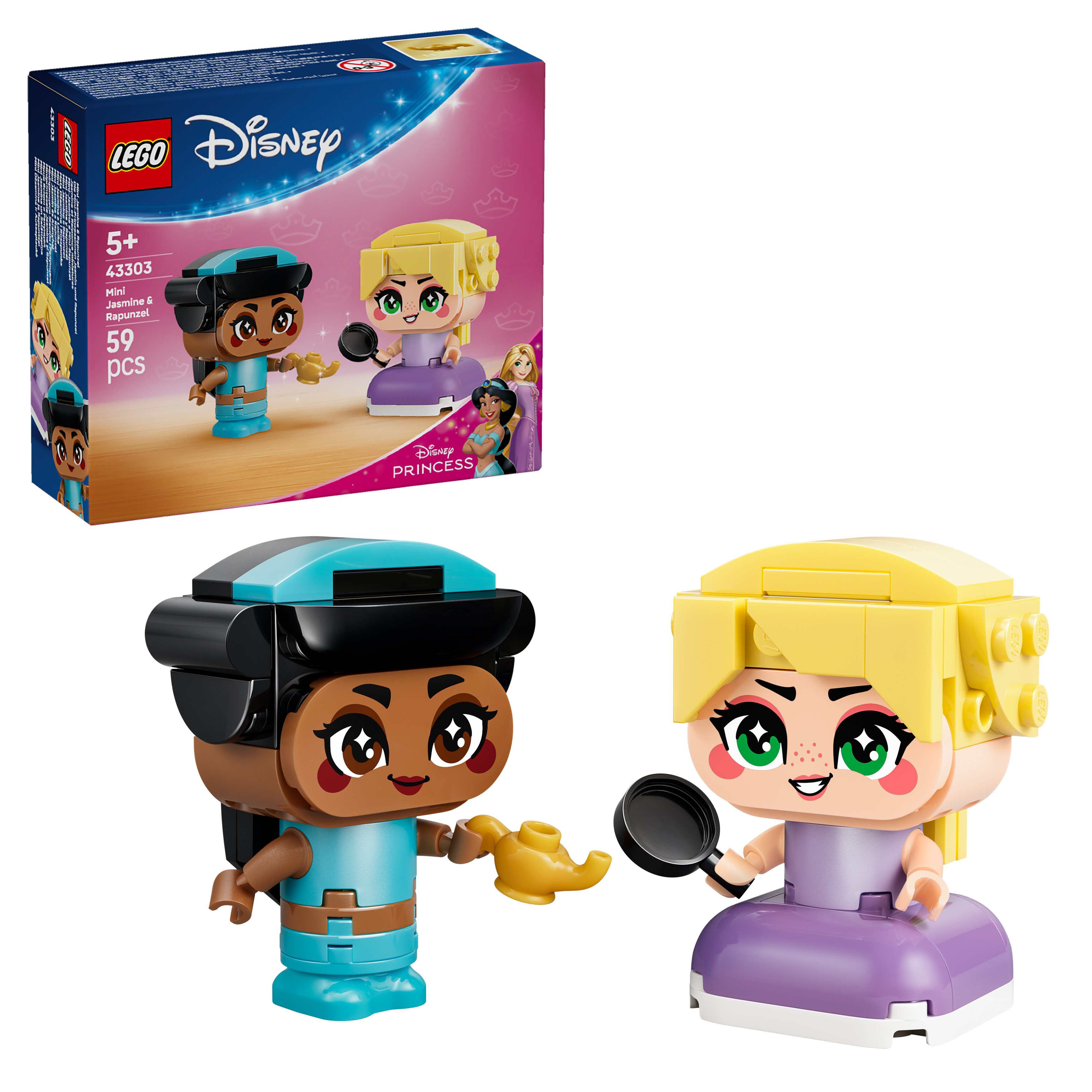 Zestaw LEGO z mini figurkami Jasmine i Roszpunki trzymającymi lampę i lustro.