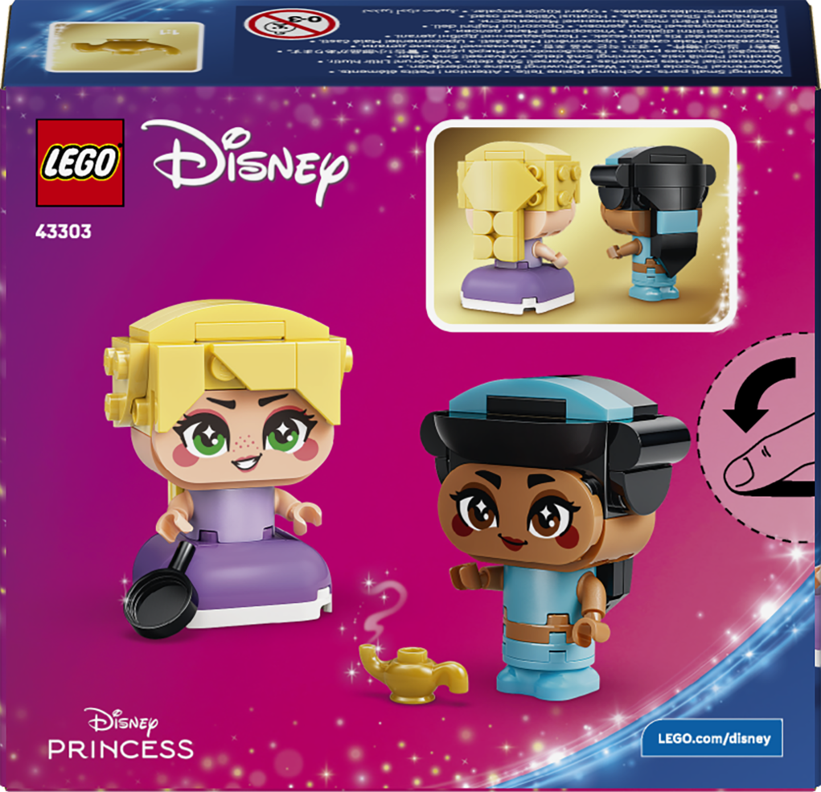 Postacie LEGO Disney Princess Rapunzel i Jasmine z magiczną lampą.